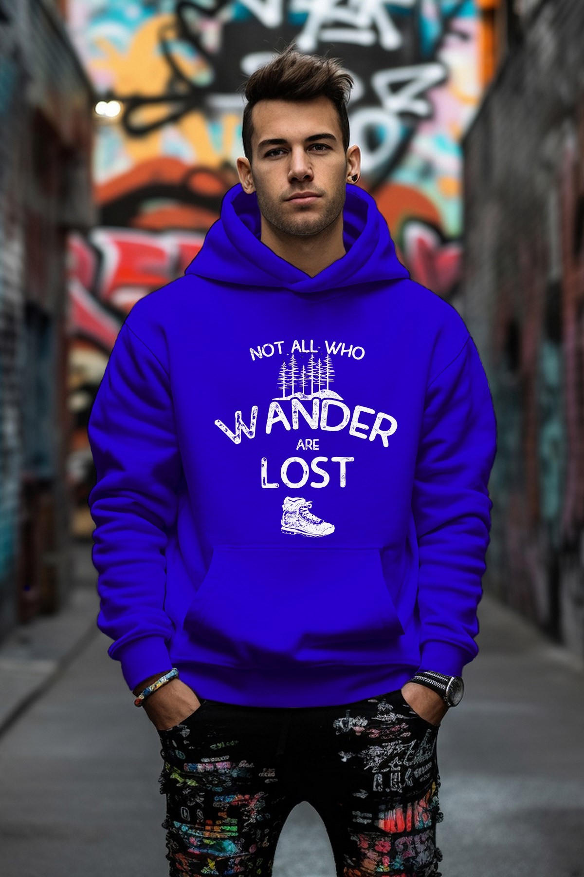 Özel Tasarım Wander Lost Baskılı Rahat Kesim Oversize Sweatshirt