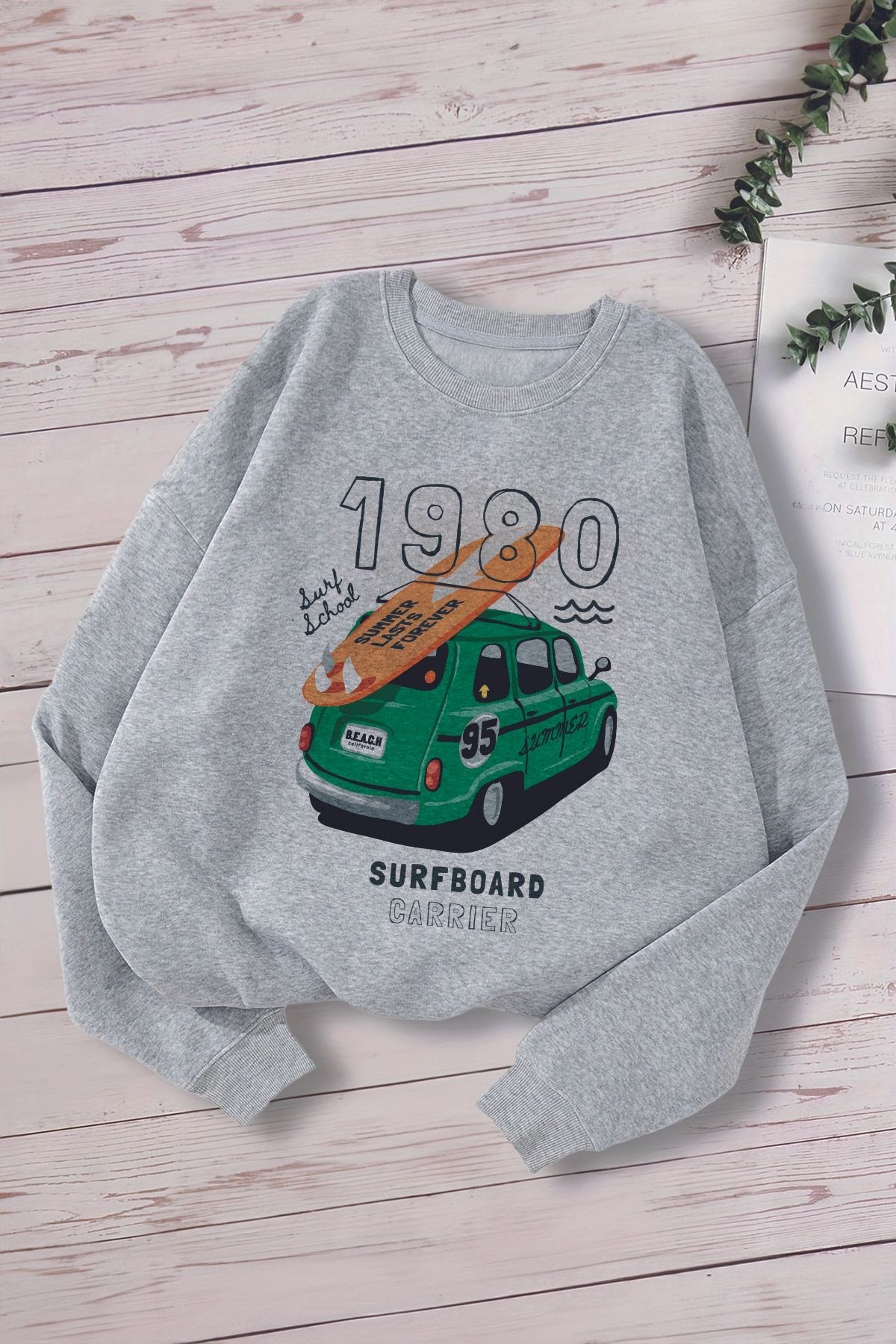 Trend Premium Surfboard Nostaljik Araba Baskılı Oversize Kapüşonlu Çocuk Sweatshirt 13684