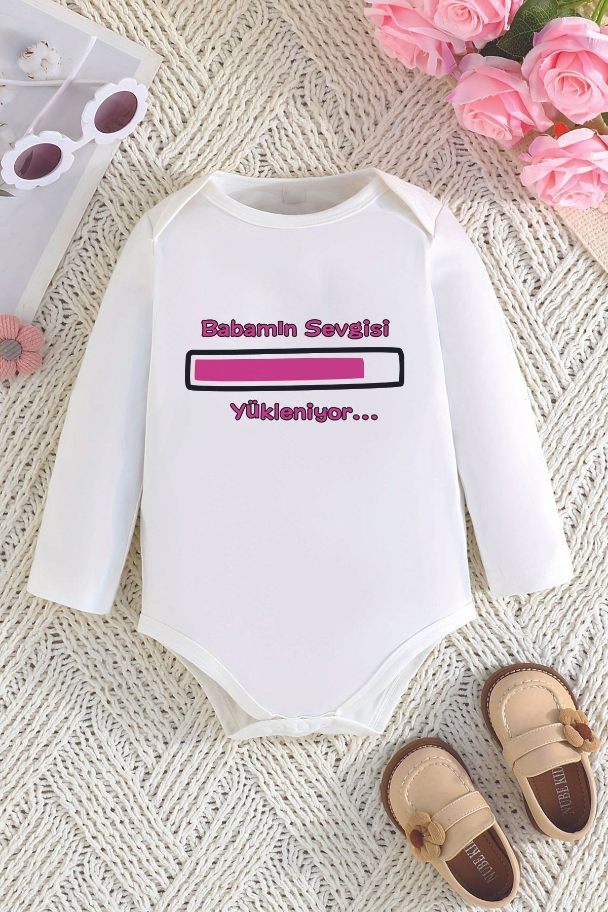 Babamın Sevgisi Yükleniyor Uzun Kollu Baskılı Kız Bebek Çıtçıtlı Body 22599