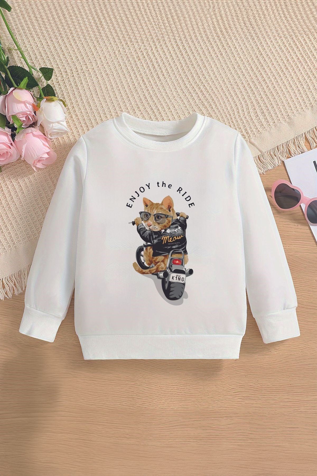 Premium Enjoy The Ride Cat Baskılı Oversize Çocuk Sweatshirt 12699