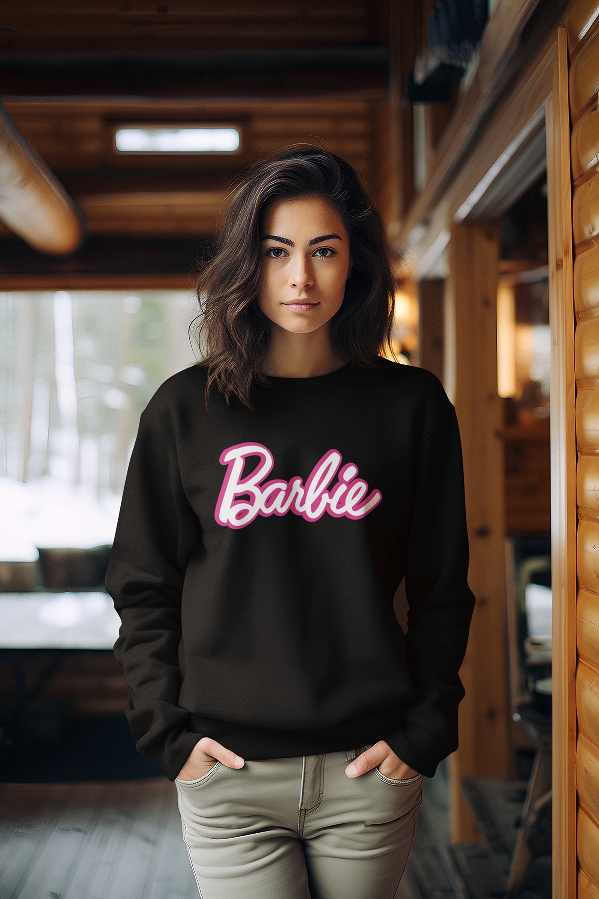 Barbie Baskılı Tarz Kadın Bisiklet Yaka Sweatshirt