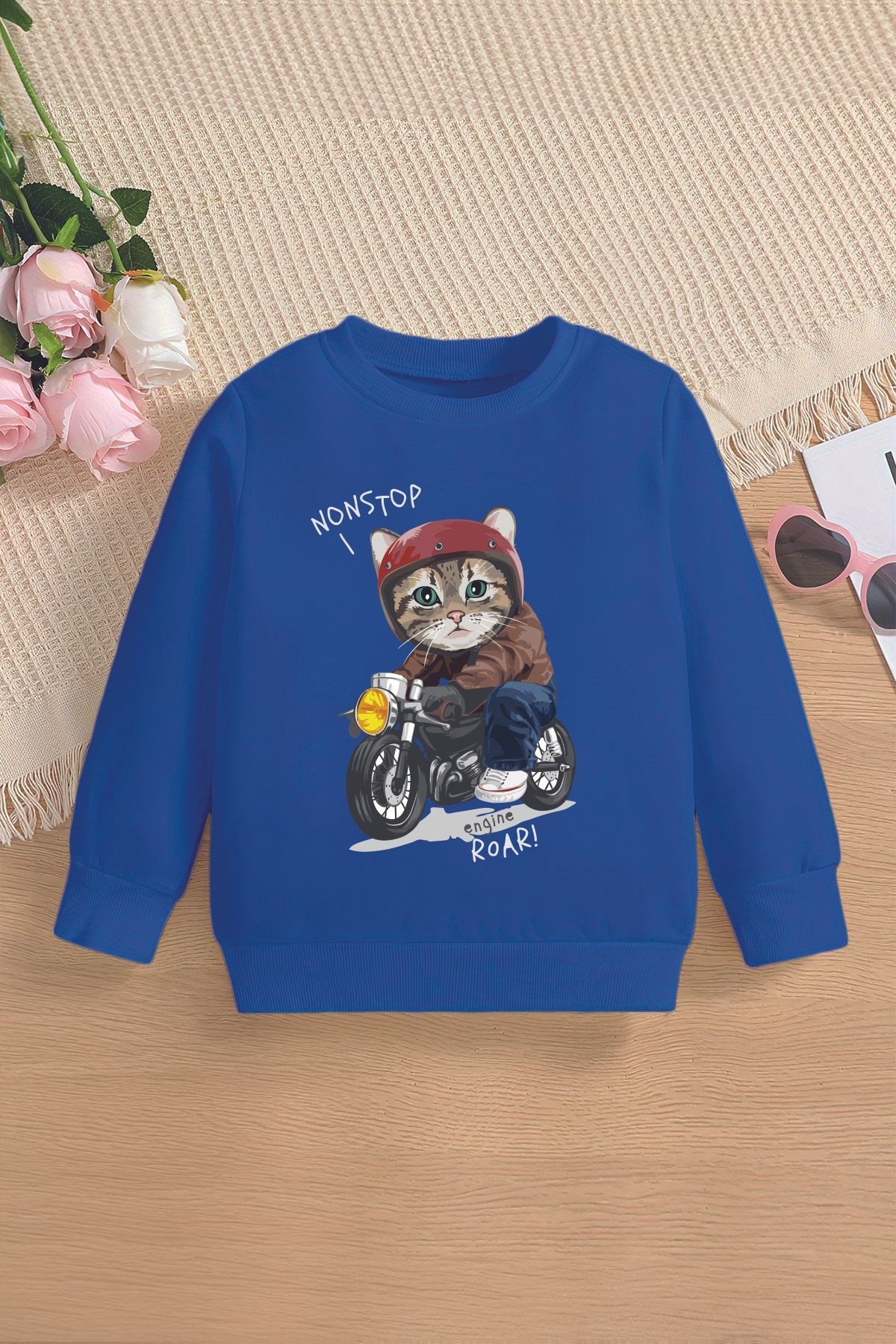 Tarz Premium Motorcu Kedicik Baskılı Oversize Kapüşonlu Çocuk Sweatshirt 14527