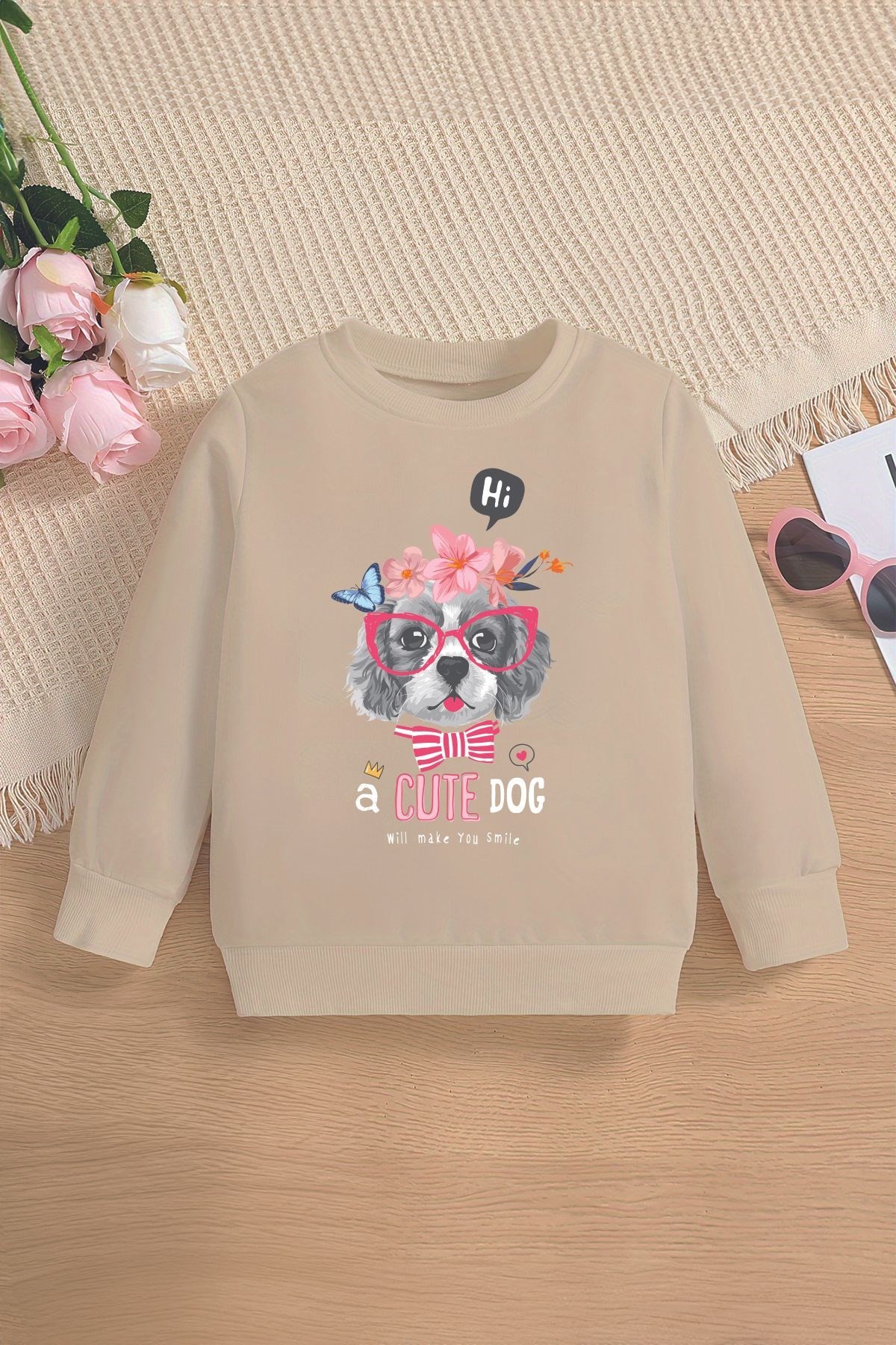 Yeni Sezon Gözlüklü Cute Dog Baskılı Oversize Kapüşonlu Çocuk Sweatshirt 14647