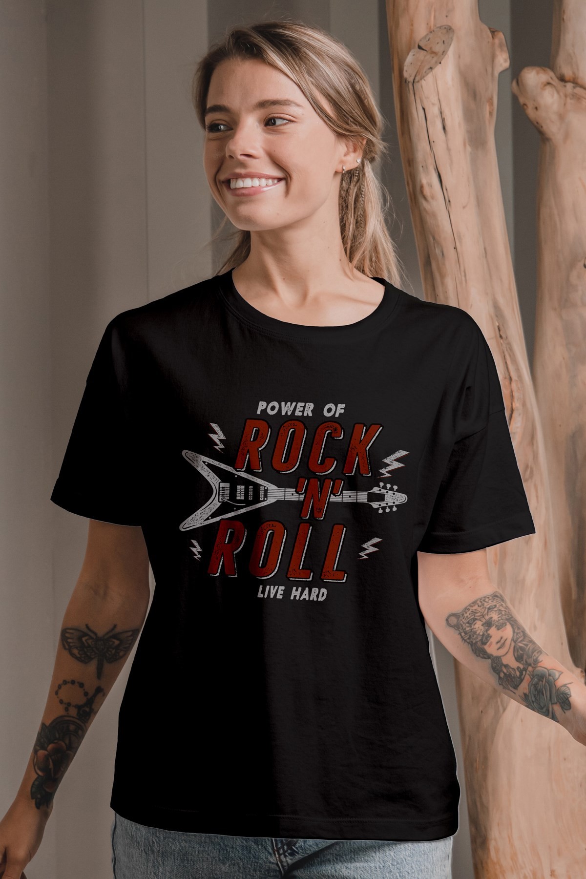 Power Of Rock 'N' Roll Yazılı Baskılı Oversize Tişört