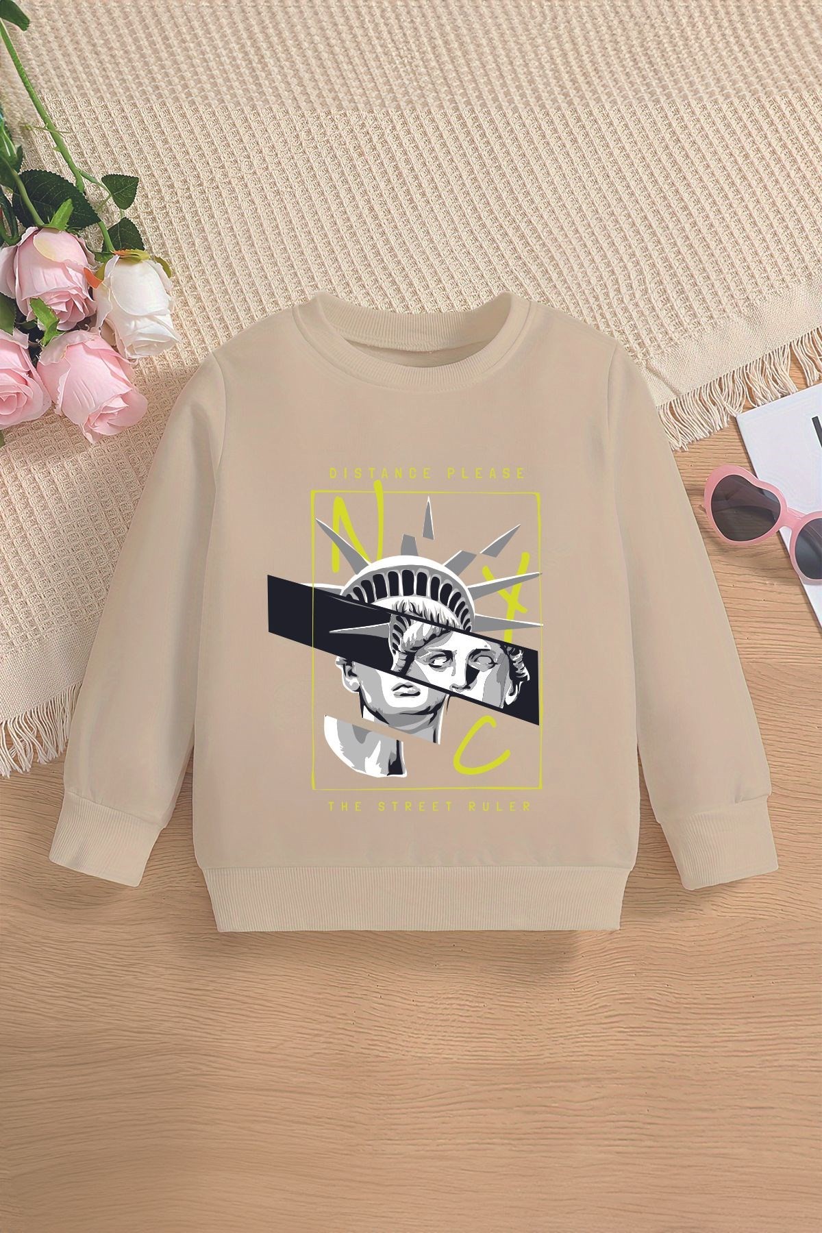 Tarz Nyc Özgürlük Heykeli Baskılı Oversize Kapüşonlu Çocuk Sweatshirt 14561