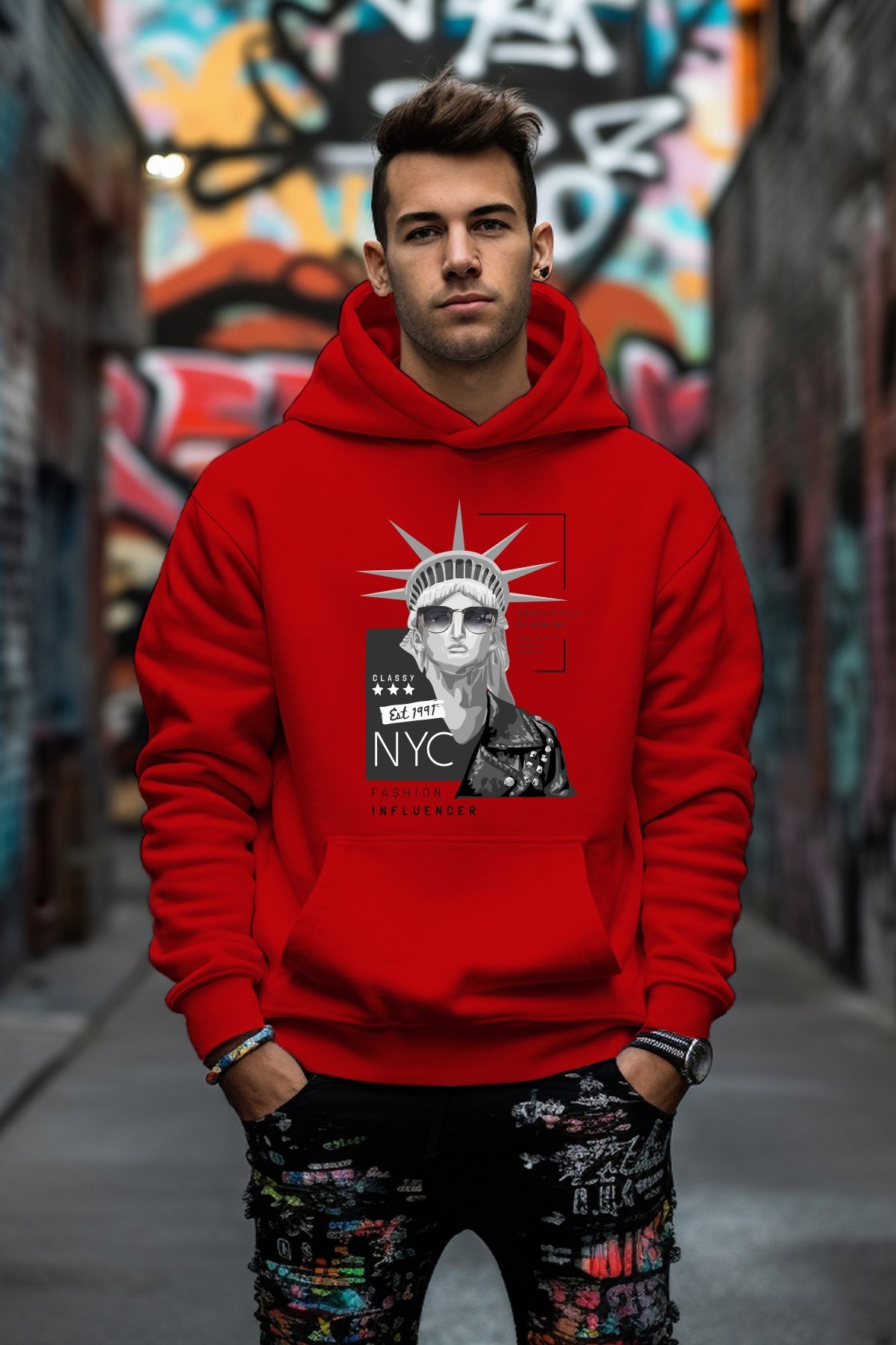 New York Baskılı Tarz Rahat Kesim Oversize Sweatshirt