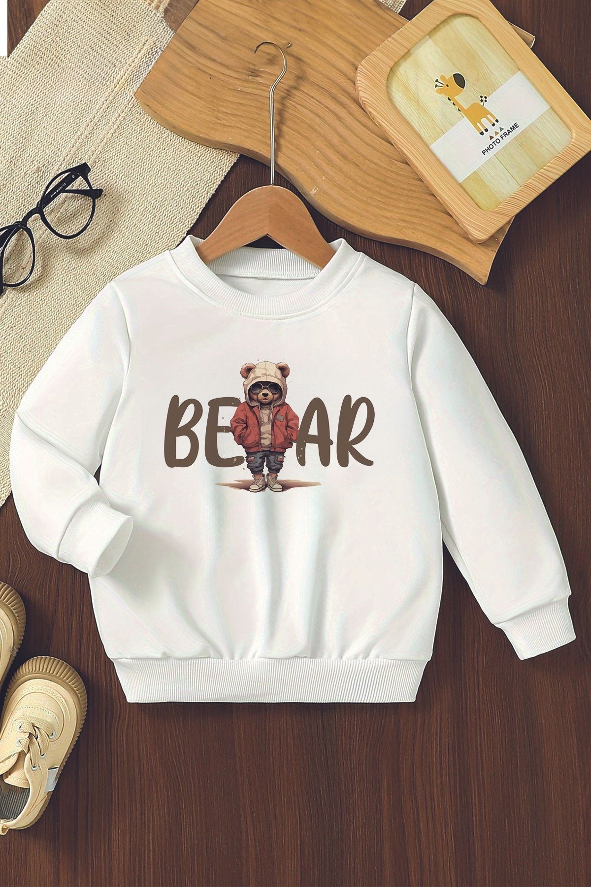 Yeni Sezon Şapkalı Bear Baskılı Oversize Çocuk Sweatshirt 11062