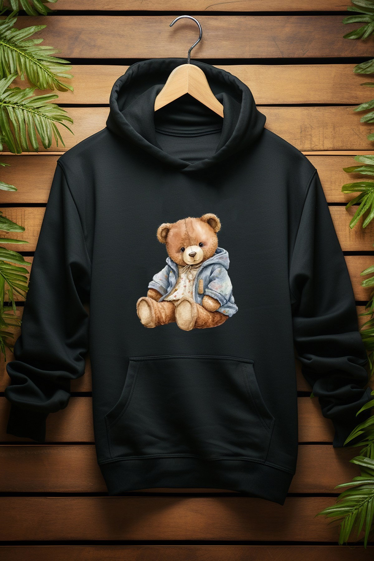 Unısex Watercolor Hırkalı Bear Tarz Kapşonlu Sweatshirt