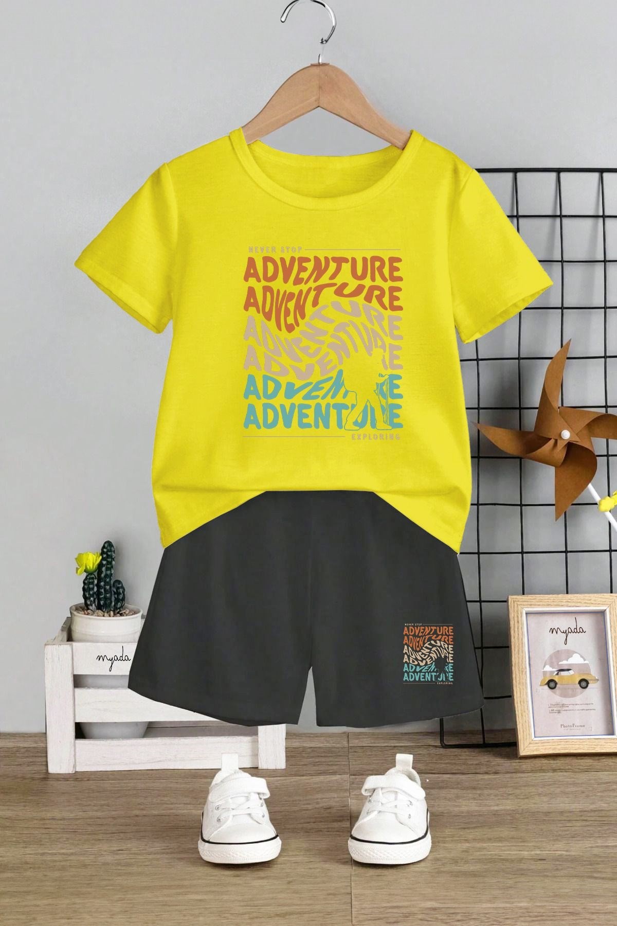 Unisex Çocuk Takım Bisiklet Yaka Lastikli Şortlu Adventure Baskılı 2'li Takım 11134