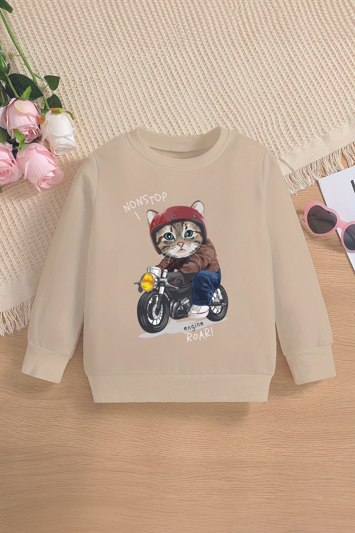 Tarz Premium Motorcu Kedicik Baskılı Oversize Kapüşonlu Çocuk Sweatshirt 14527