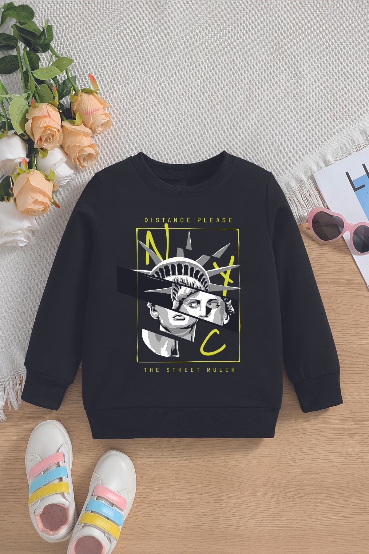 Tarz Nyc Özgürlük Heykeli Baskılı Oversize Kapüşonlu Çocuk Sweatshirt 14561