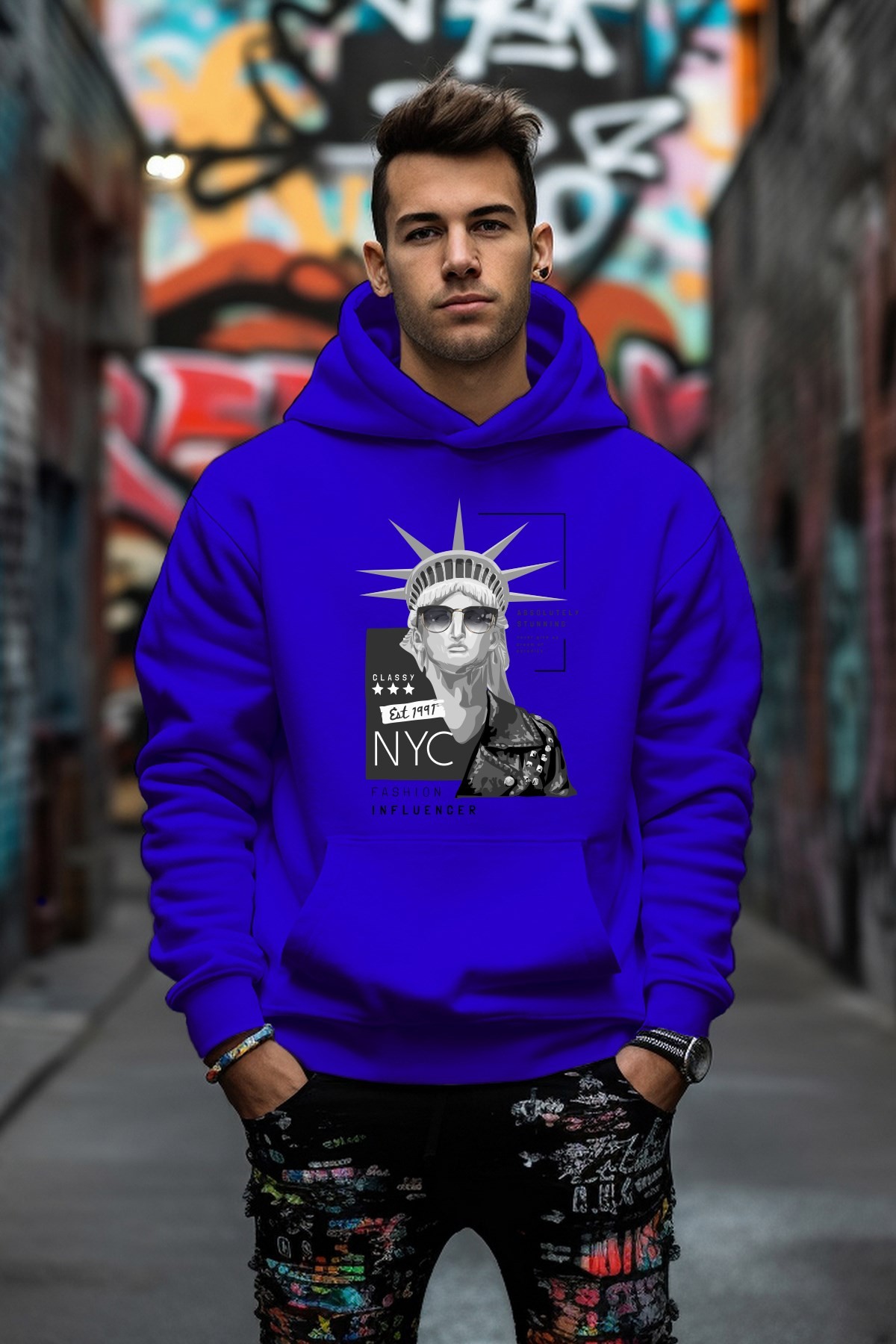 New York Baskılı Tarz Rahat Kesim Oversize Sweatshirt