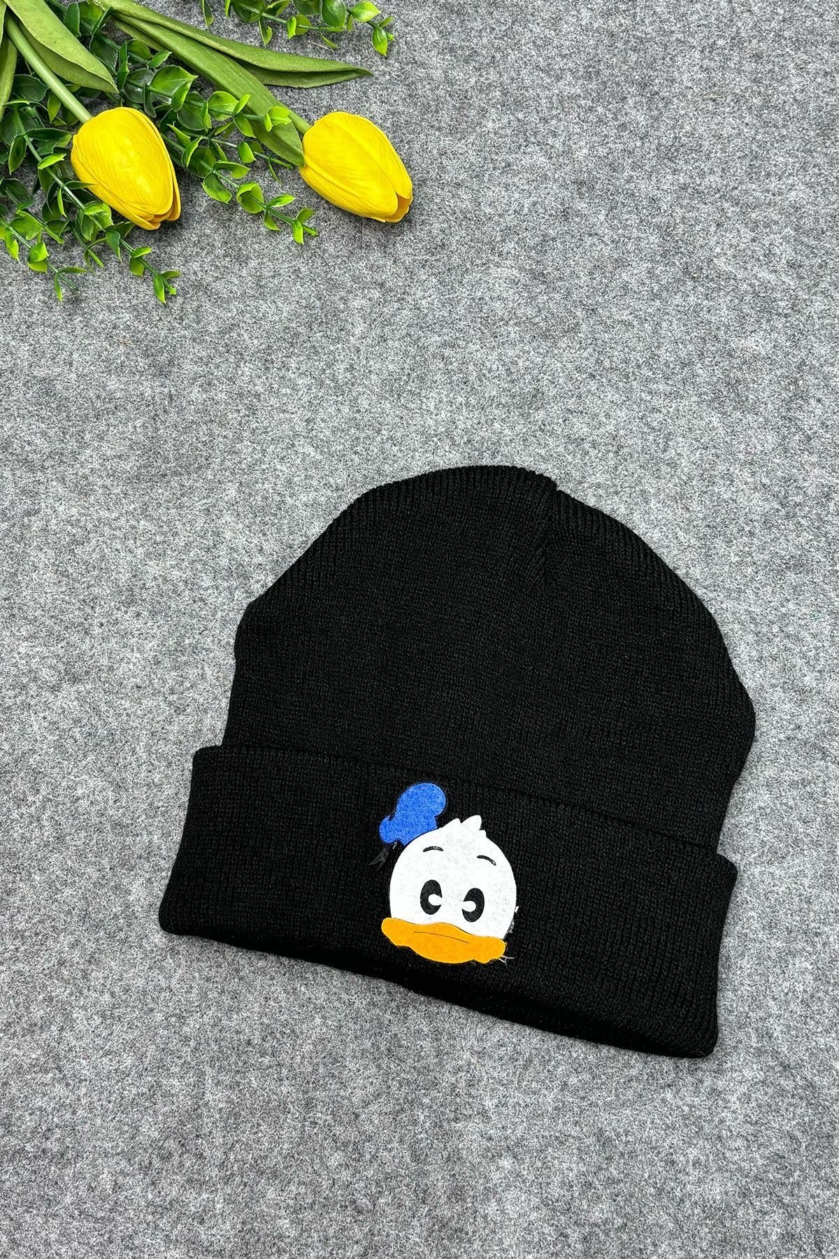 Dafiduck Aksesuarlı Siyah Düz Triko Çocuk Bere