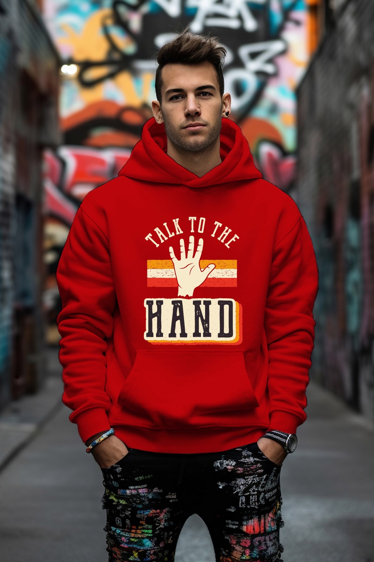 Özel Tasarım Talk To The Hand Baskılı Rahat Kesim Oversize Sweatshirt