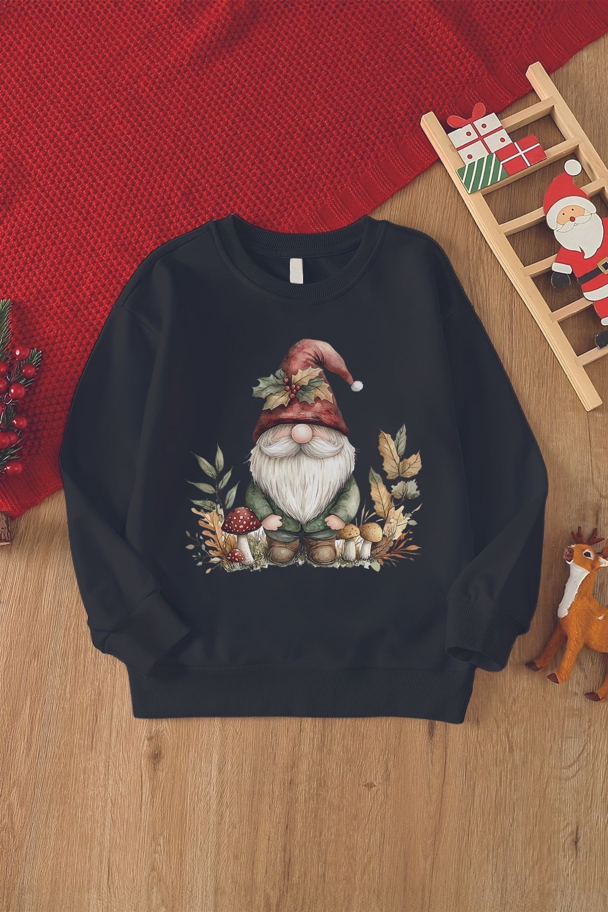 Watercolor Naturel Noel Baba Baskılı Oversize Çocuk Sweatshirt 23110