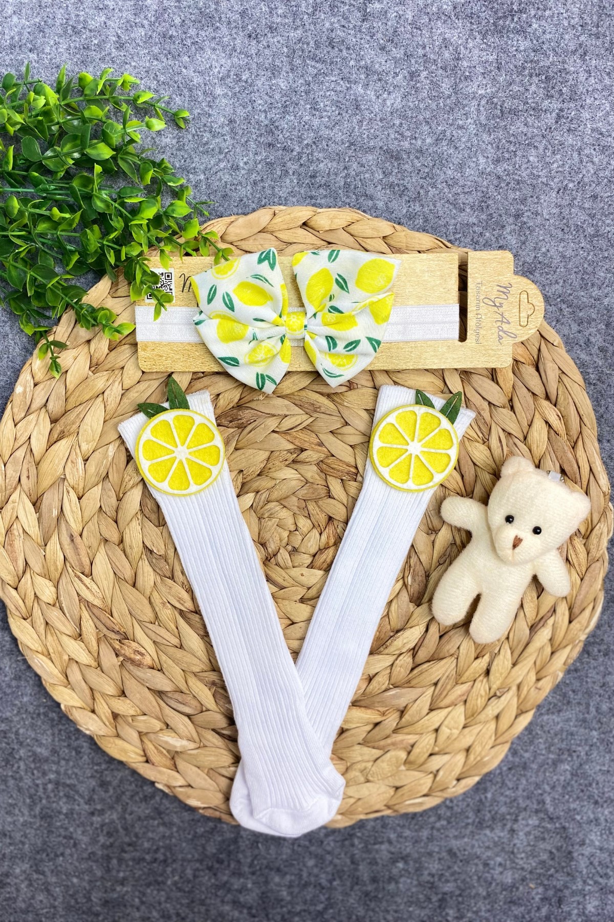 Limon Aksesuar Bandanalı Beyaz Dizaltı Çorap bandana Set