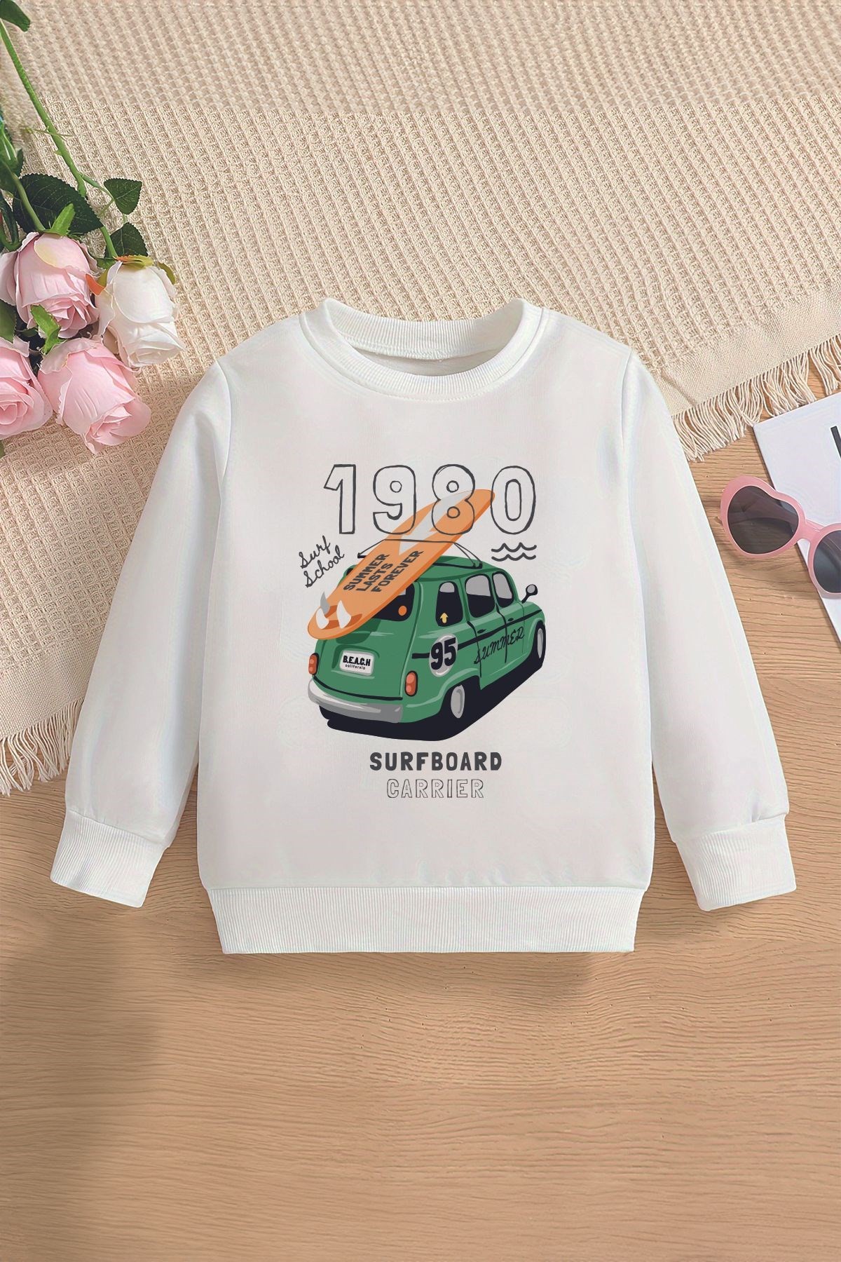 Trend Premium Surfboard Nostaljik Araba Baskılı Oversize Kapüşonlu Çocuk Sweatshirt 13684