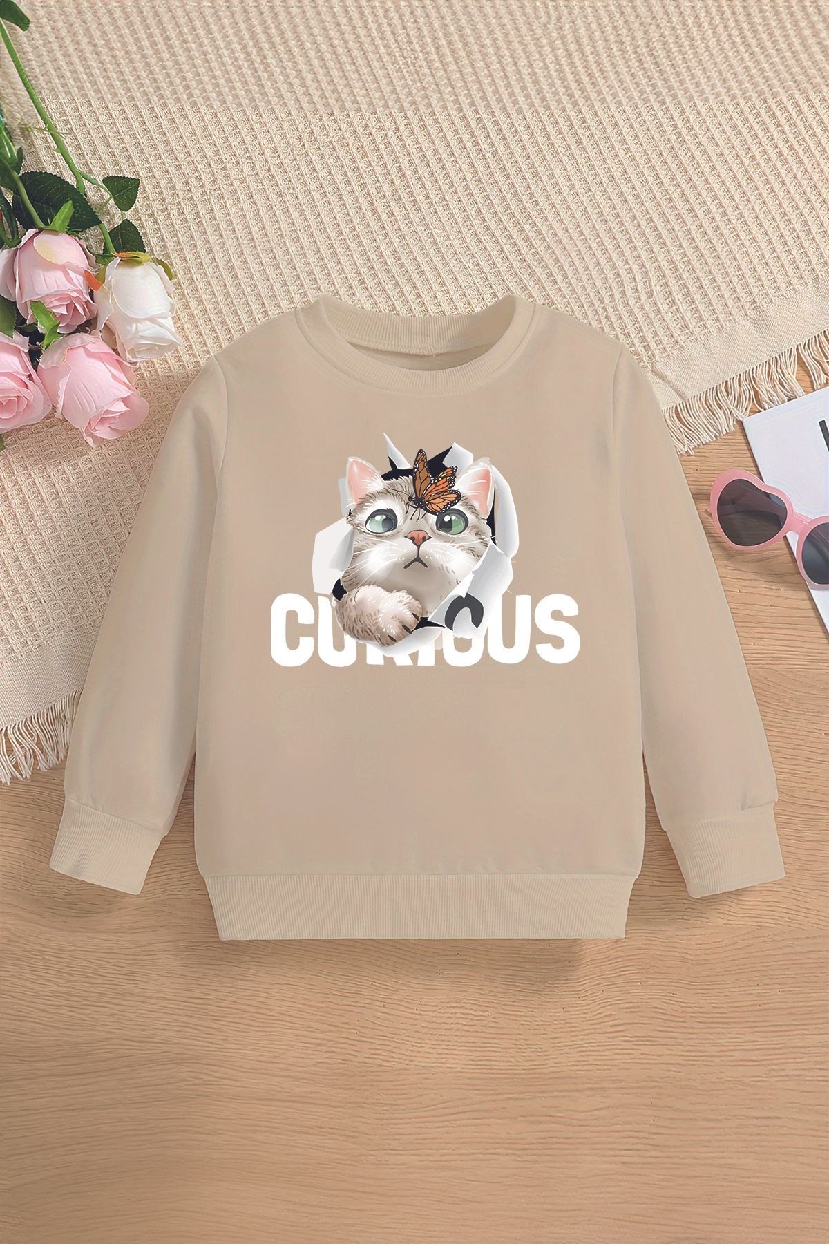 Yeni Sezon Curious Yazılı Kedicik Baskılı Oversize Kapüşonlu Çocuk Sweatshirt 14609