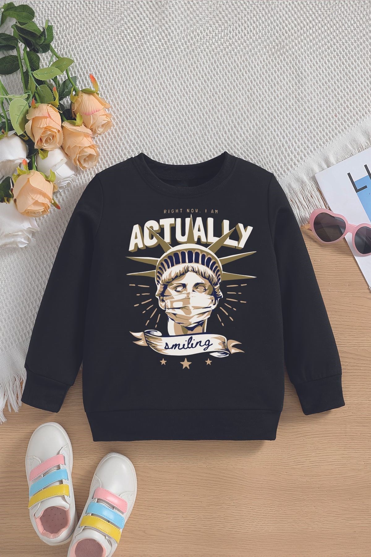 Yeni Sezon Maskeli Özgürlük Heykeli Baskılı Baskılı Oversize Kapüşonlu Çocuk Sweatshirt 14635