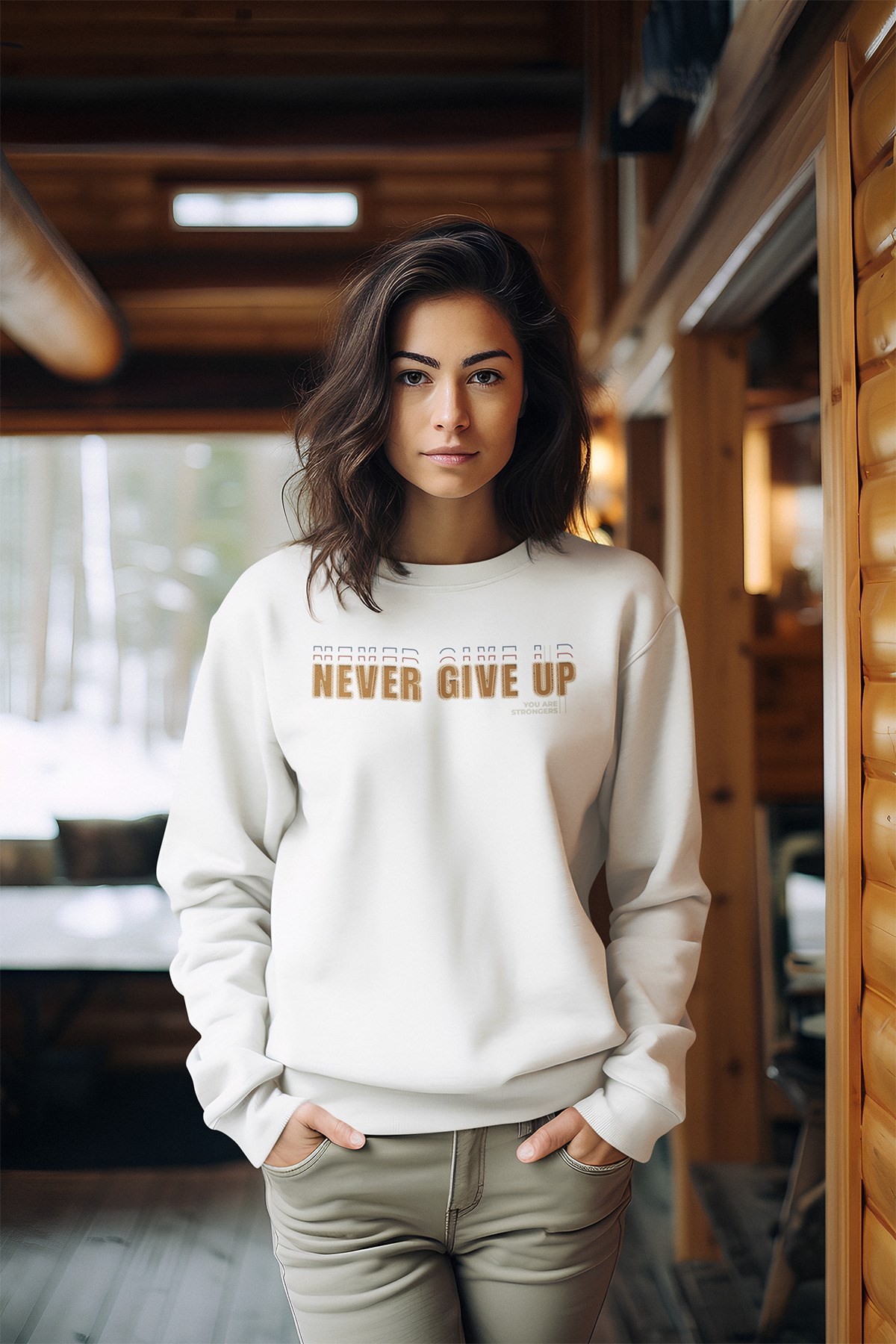 Never Give Tarz Baskılı Kadın Bisiklet Yaka Sweatshirt