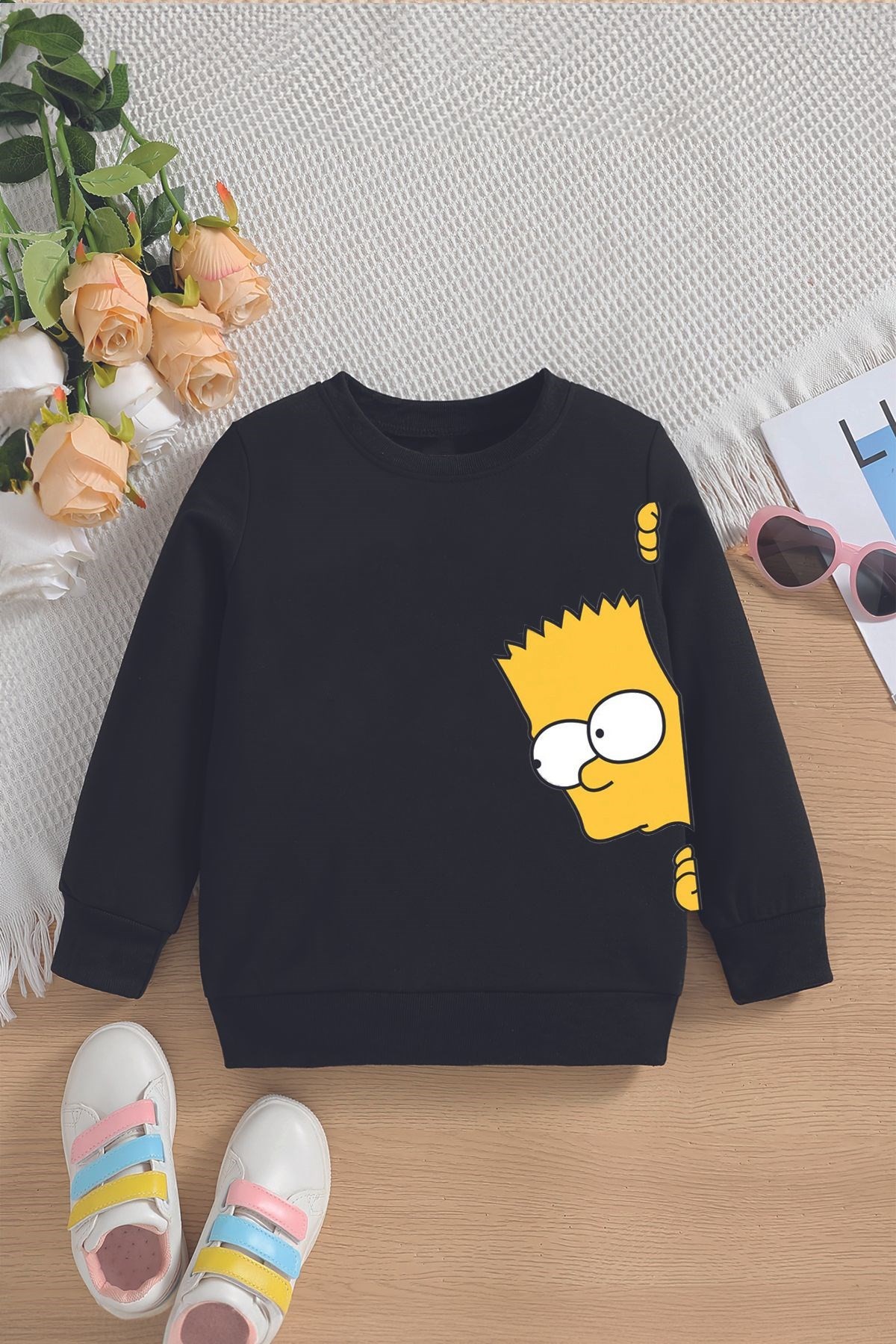 İçi Polarlı Simpsons Baskılı Oversize Kapüşonlu Çocuk Sweatshirt 15757