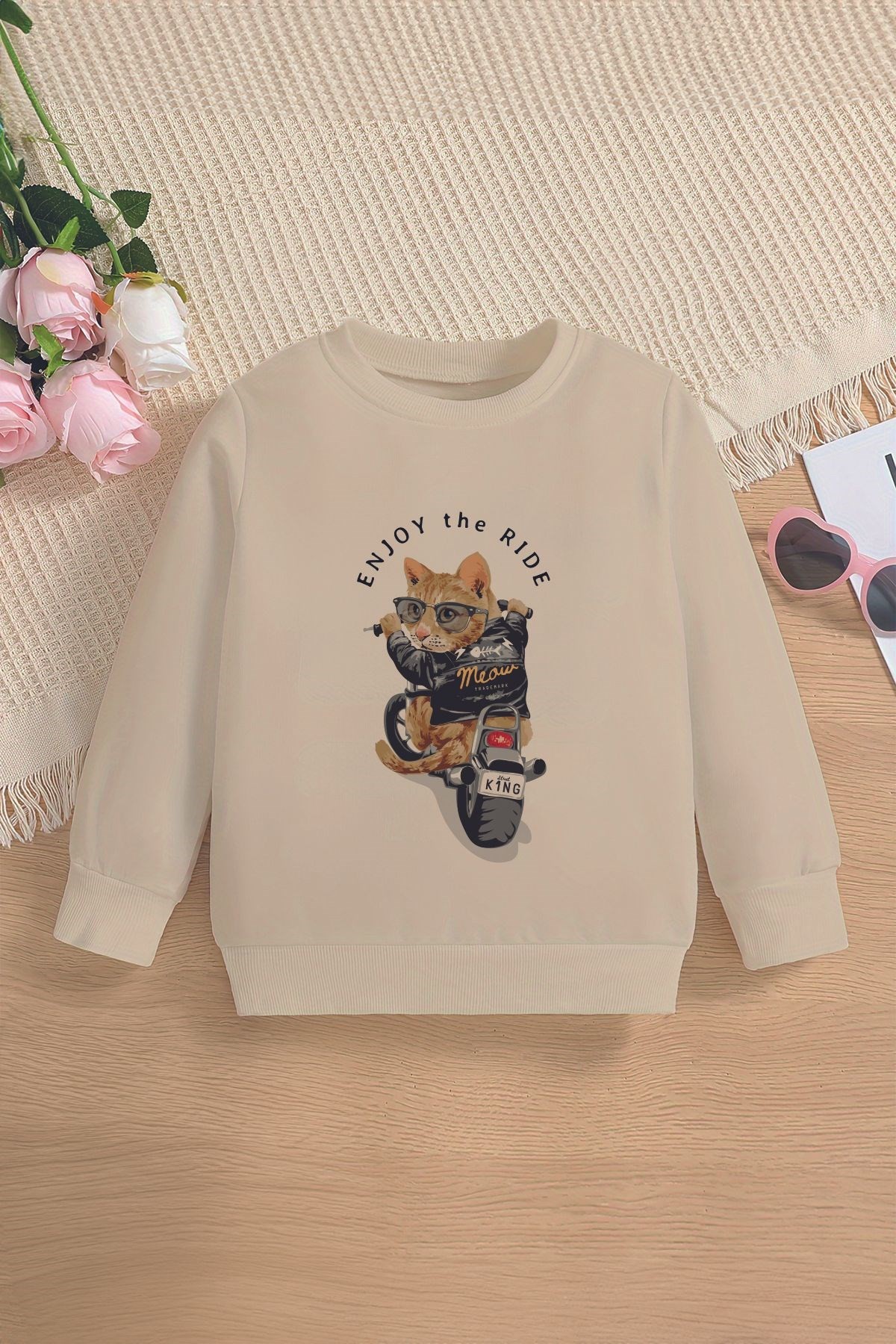 Premium Enjoy The Ride Cat Baskılı Oversize Çocuk Sweatshirt 12699