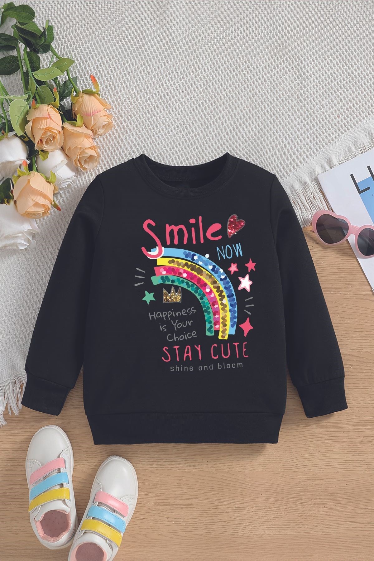 Trend Smile Yazılı Pullu Gökkuşağı Baskılı Oversize Kapüşonlu Çocuk Sweatshirt 14581