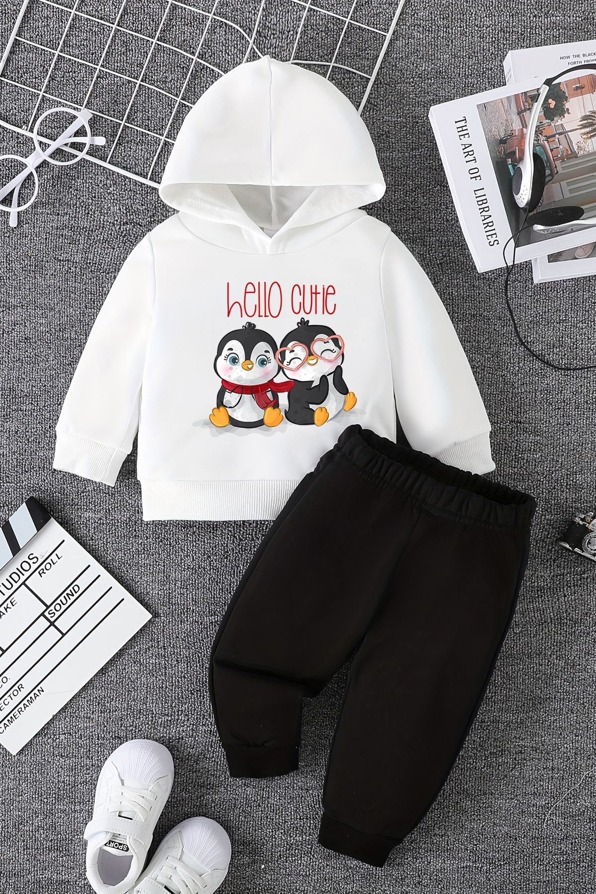 Yeni Sezon Hello Cute Penguen Baskılı Alt Üst Bebek Takım 22383