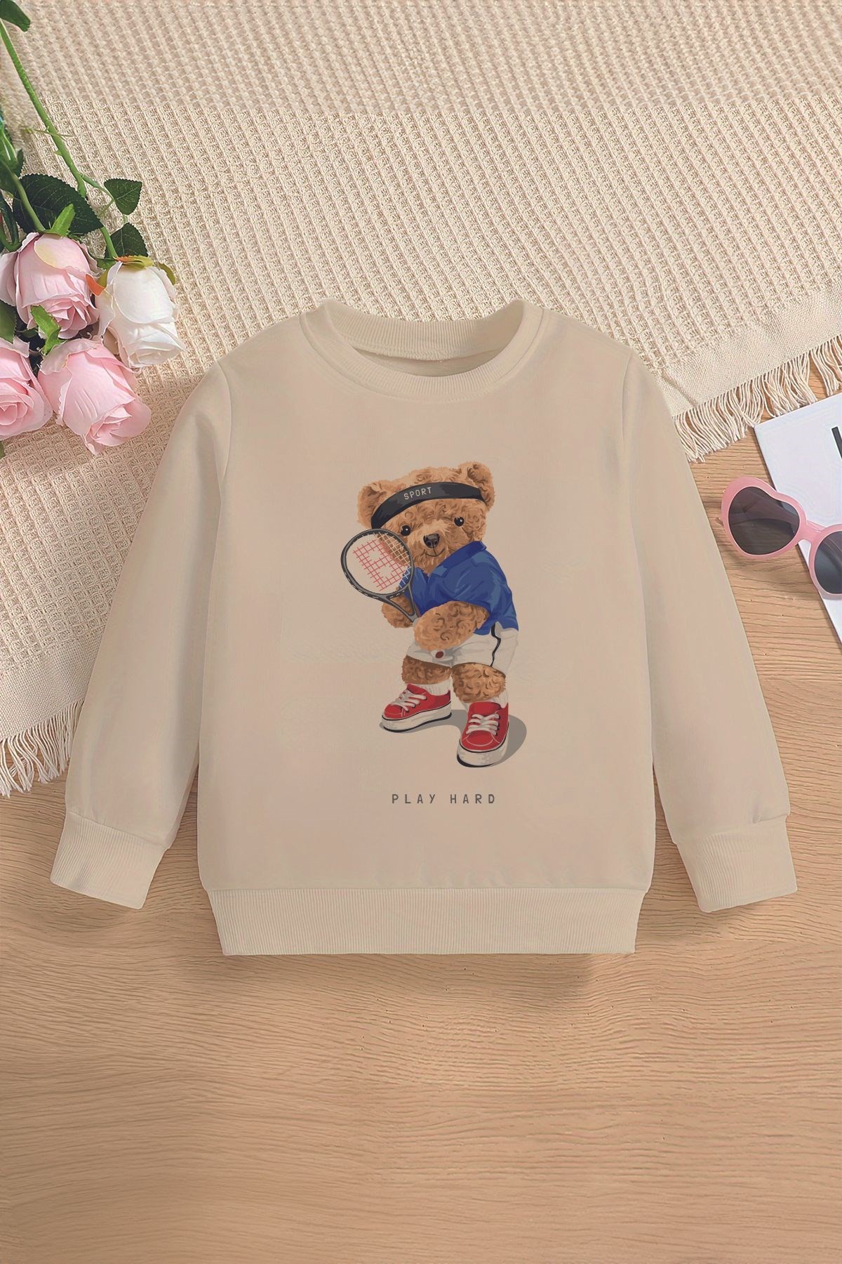 Yeni Sezon Tenis Oyuncusu Ayıcık Baskılı Oversize Kapüşonlu Çocuk Sweatshirt 14611