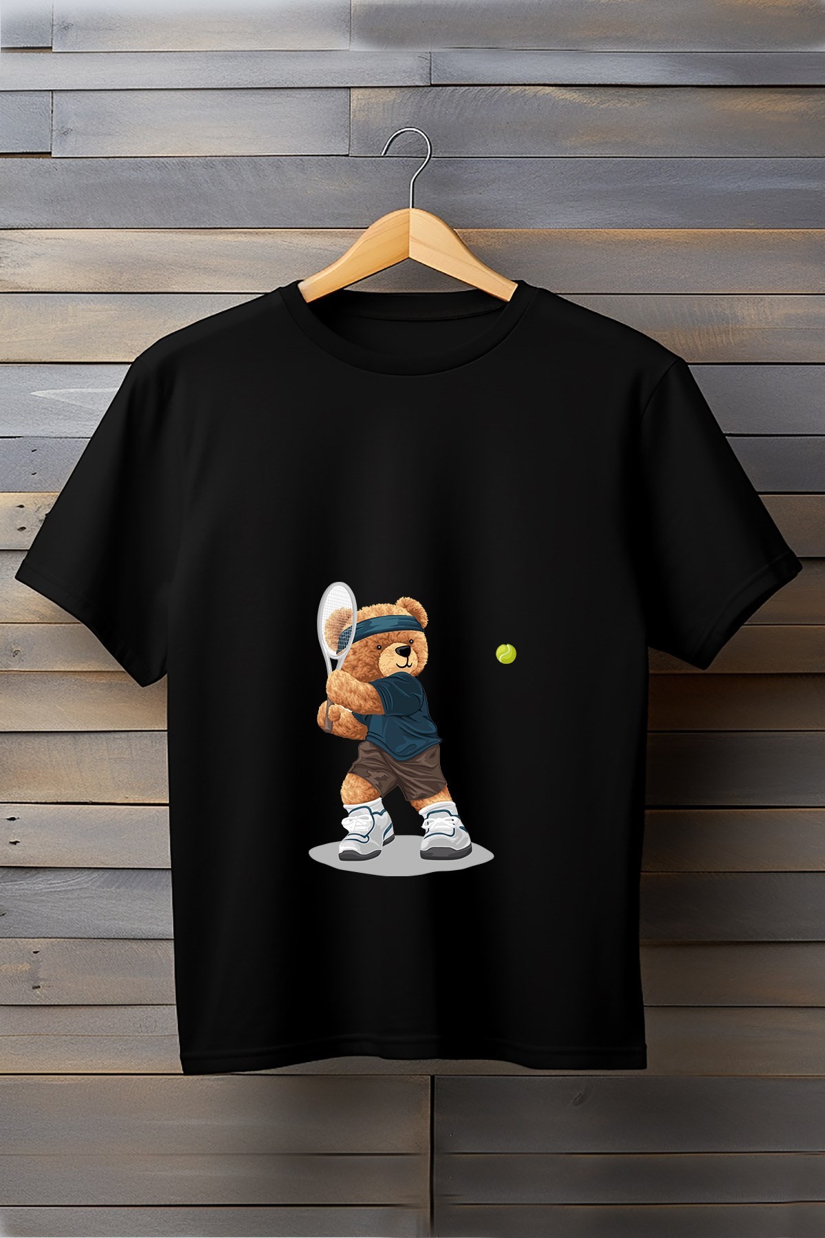 Tenis Oynayan Bear Baskılı Basic T-Shirt