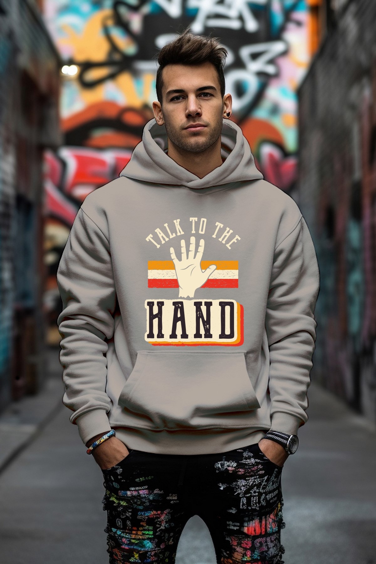 Özel Tasarım Talk To The Hand Baskılı Rahat Kesim Oversize Sweatshirt