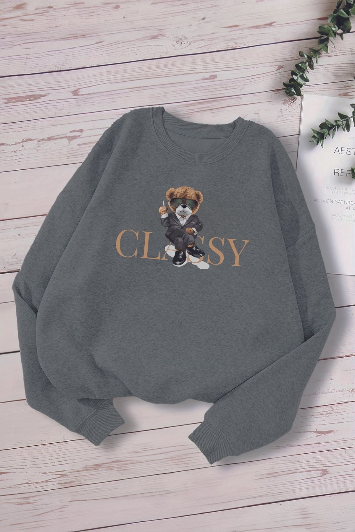 Yeni Sezon Classy Yazılı Business Bear Baskılı Oversize Kapüşonlu Çocuk Sweatshirt 14620