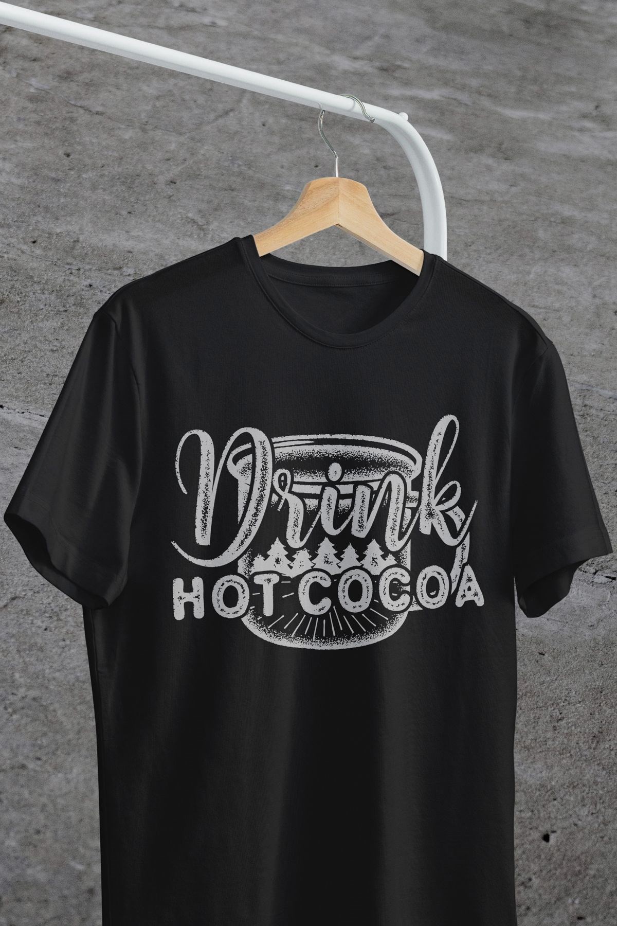 Drink Hot Cocoa Yazılı Ağaç Baskılı Oversize Tişört