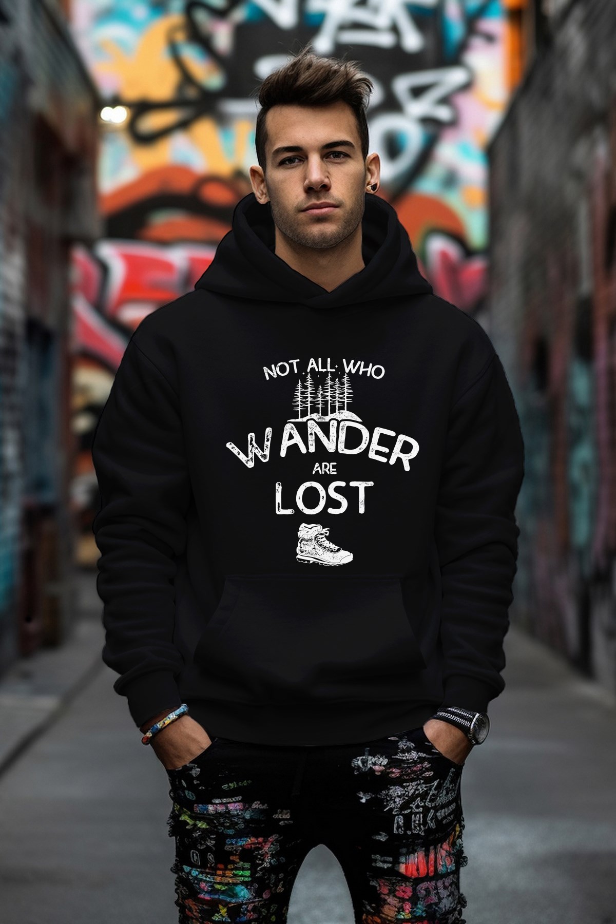 Özel Tasarım Wander Lost Baskılı Rahat Kesim Oversize Sweatshirt