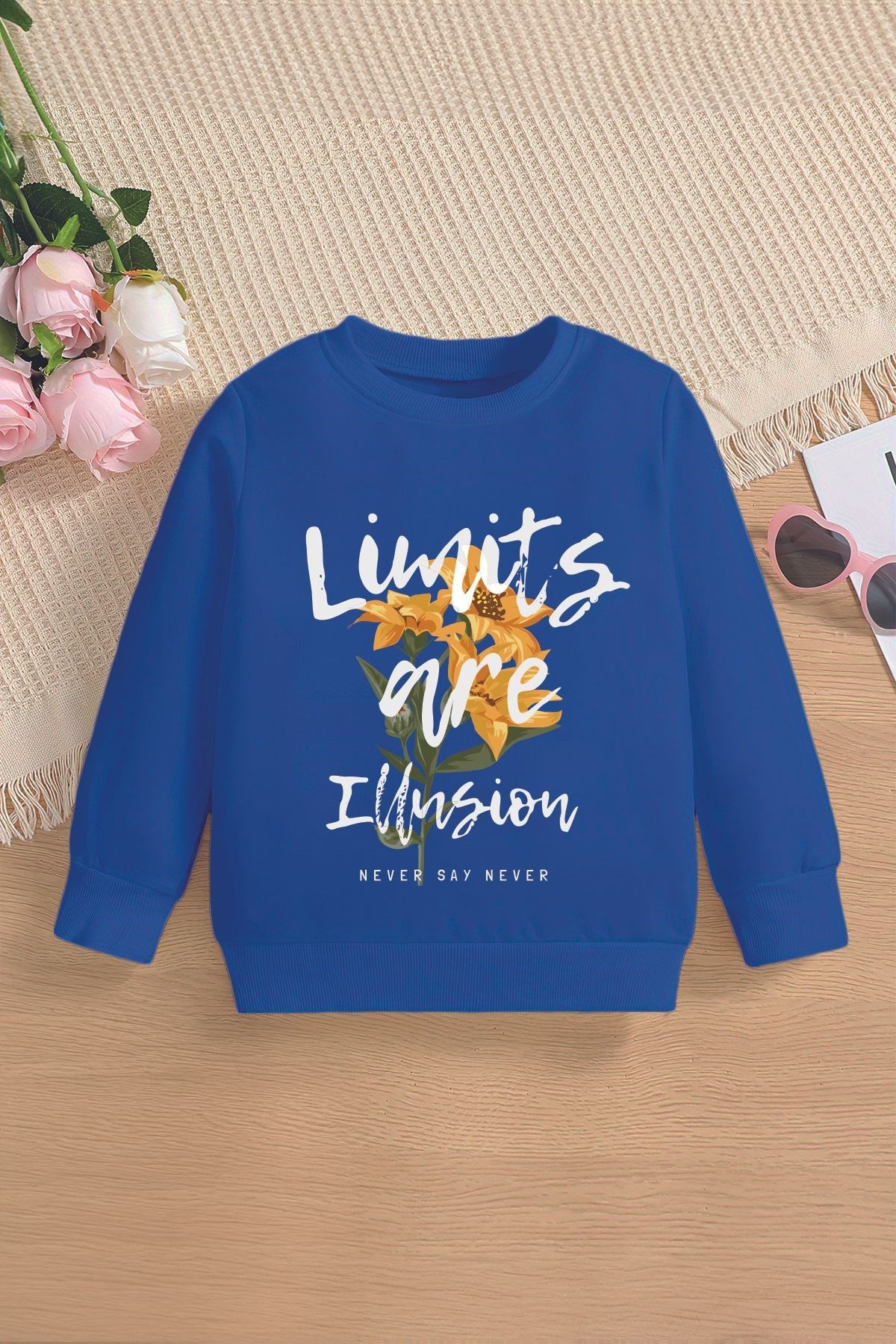 Tarz limits are illusion Yazılı Ayçiçeği Baskılı Oversize Kapüşonlu Çocuk Sweatshirt 14566