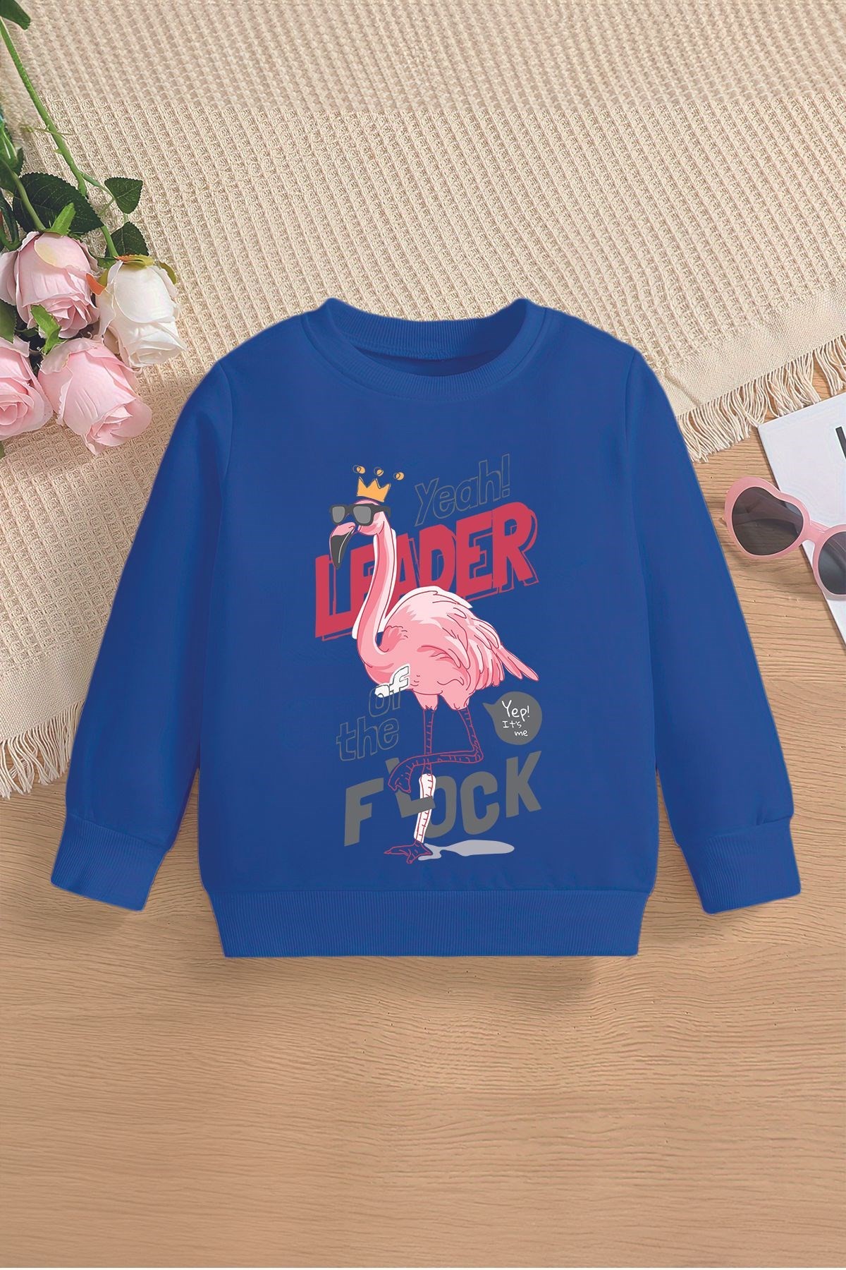 Yeni Sezon Leader Yazılı Taç Filamingo Baskılı Oversize Kapüşonlu Çocuk Sweatshirt 13599