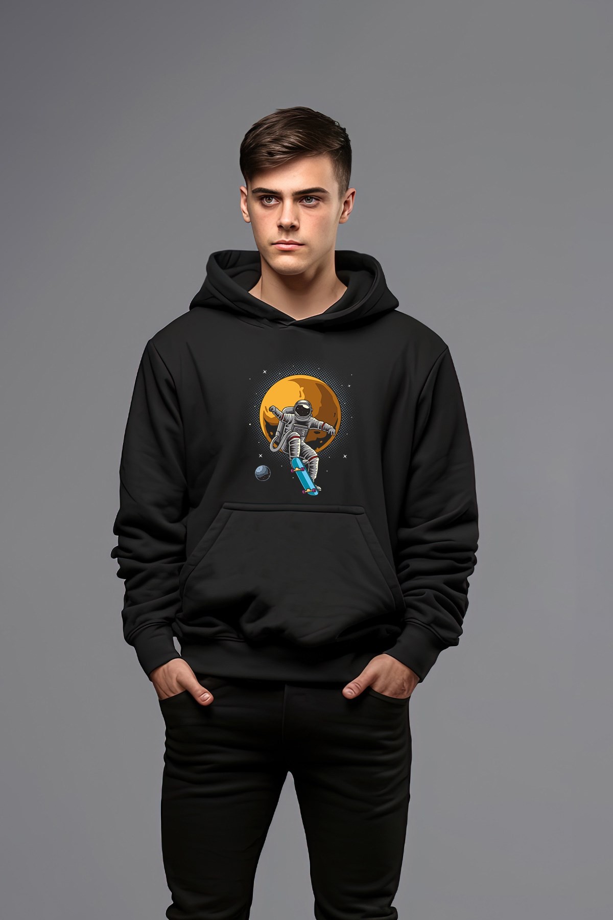 Pamuklu Maceracı Astronot Kapşonlu Erkek Sweatshirt