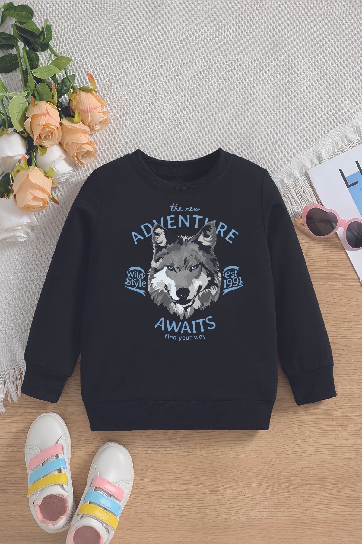 Yeni Sezon Adventure Yazılı Kurt Baskılı Baskılı Oversize Kapüşonlu Çocuk Sweatshirt 14634