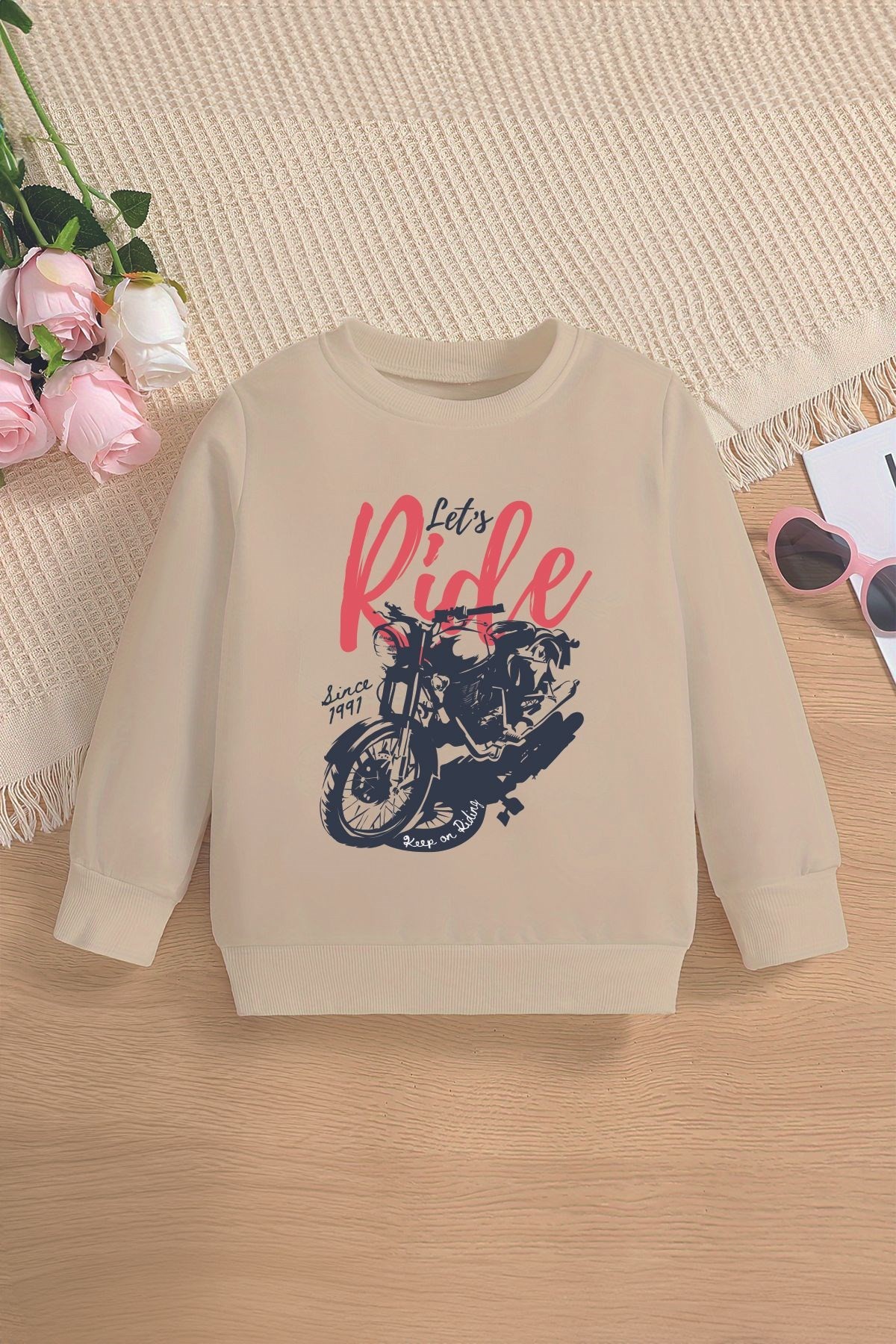 Yeni Sezon Let's Ride Yazılı Motosiklet Baskılı Oversize Kapüşonlu Çocuk Sweatshirt 13605