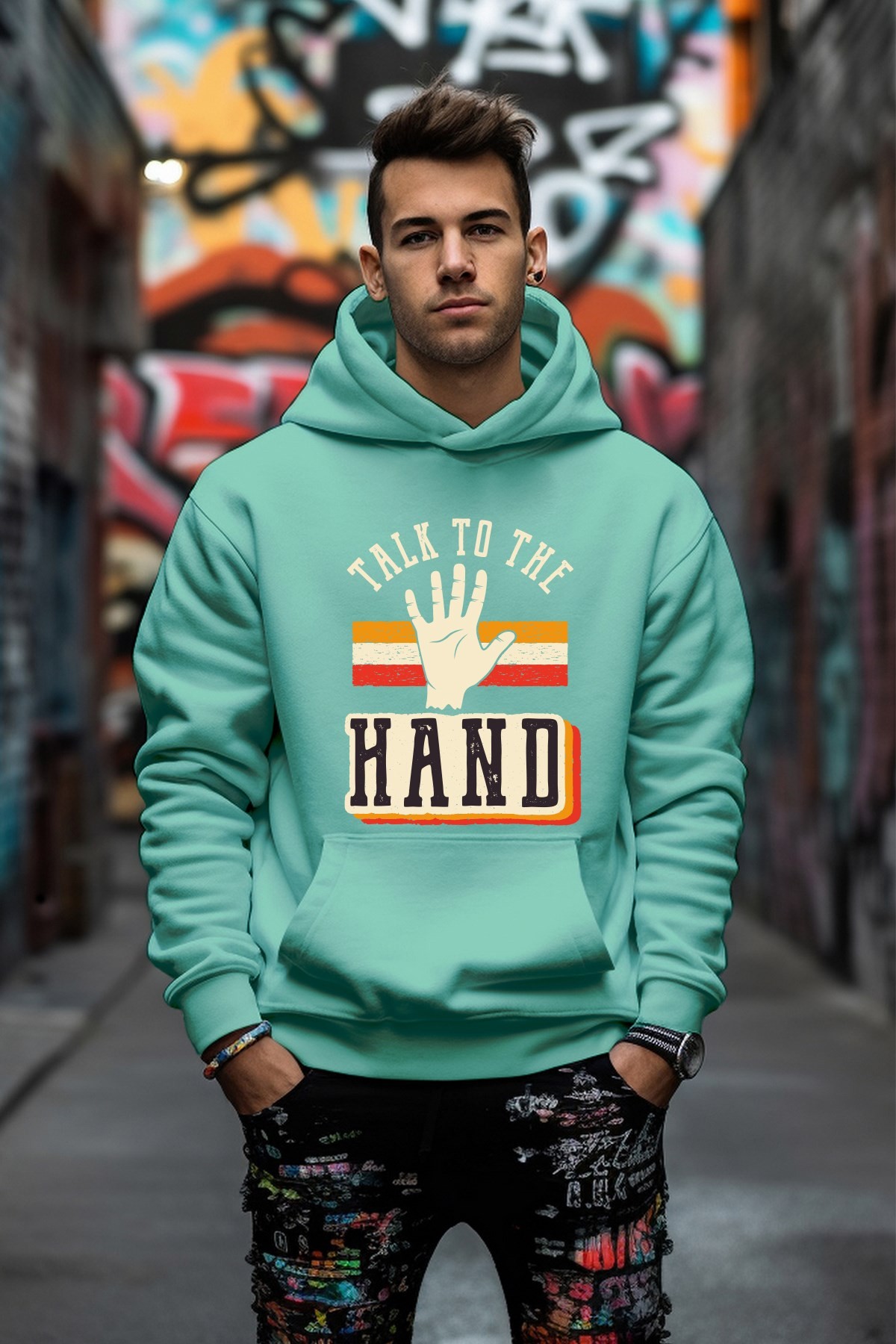 Özel Tasarım Talk To The Hand Baskılı Rahat Kesim Oversize Sweatshirt