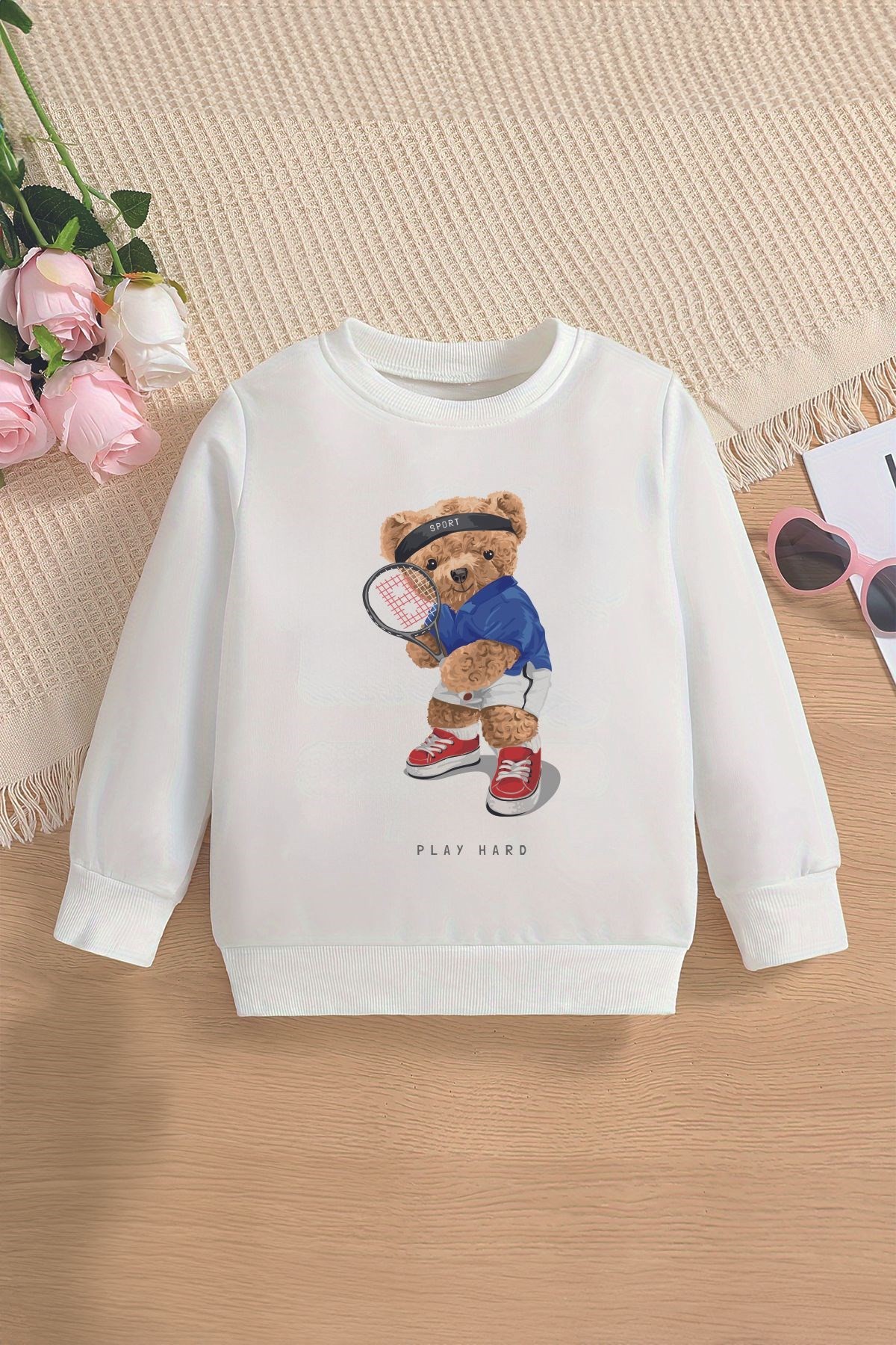 Yeni Sezon Tenis Oyuncusu Ayıcık Baskılı Oversize Kapüşonlu Çocuk Sweatshirt 14611