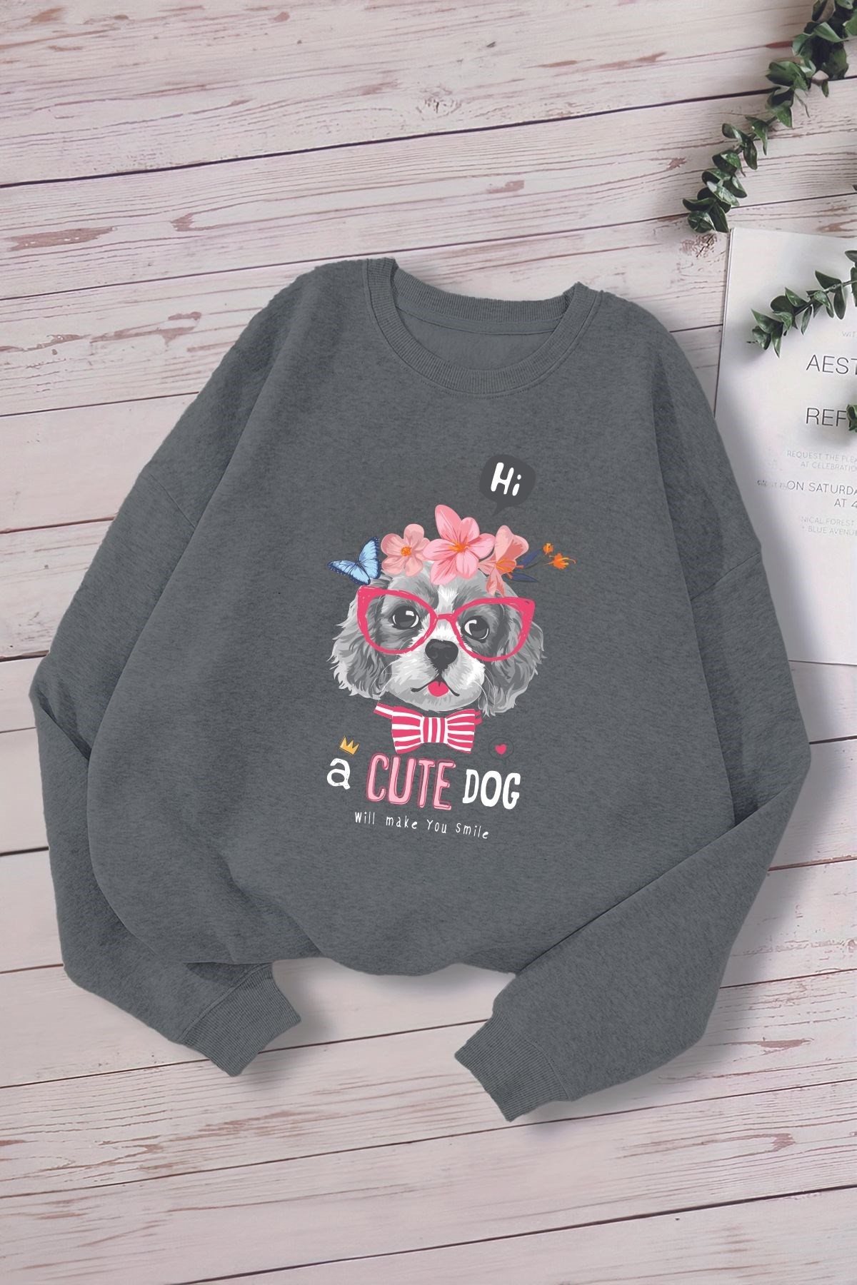 Yeni Sezon Gözlüklü Cute Dog Baskılı Oversize Kapüşonlu Çocuk Sweatshirt 14647