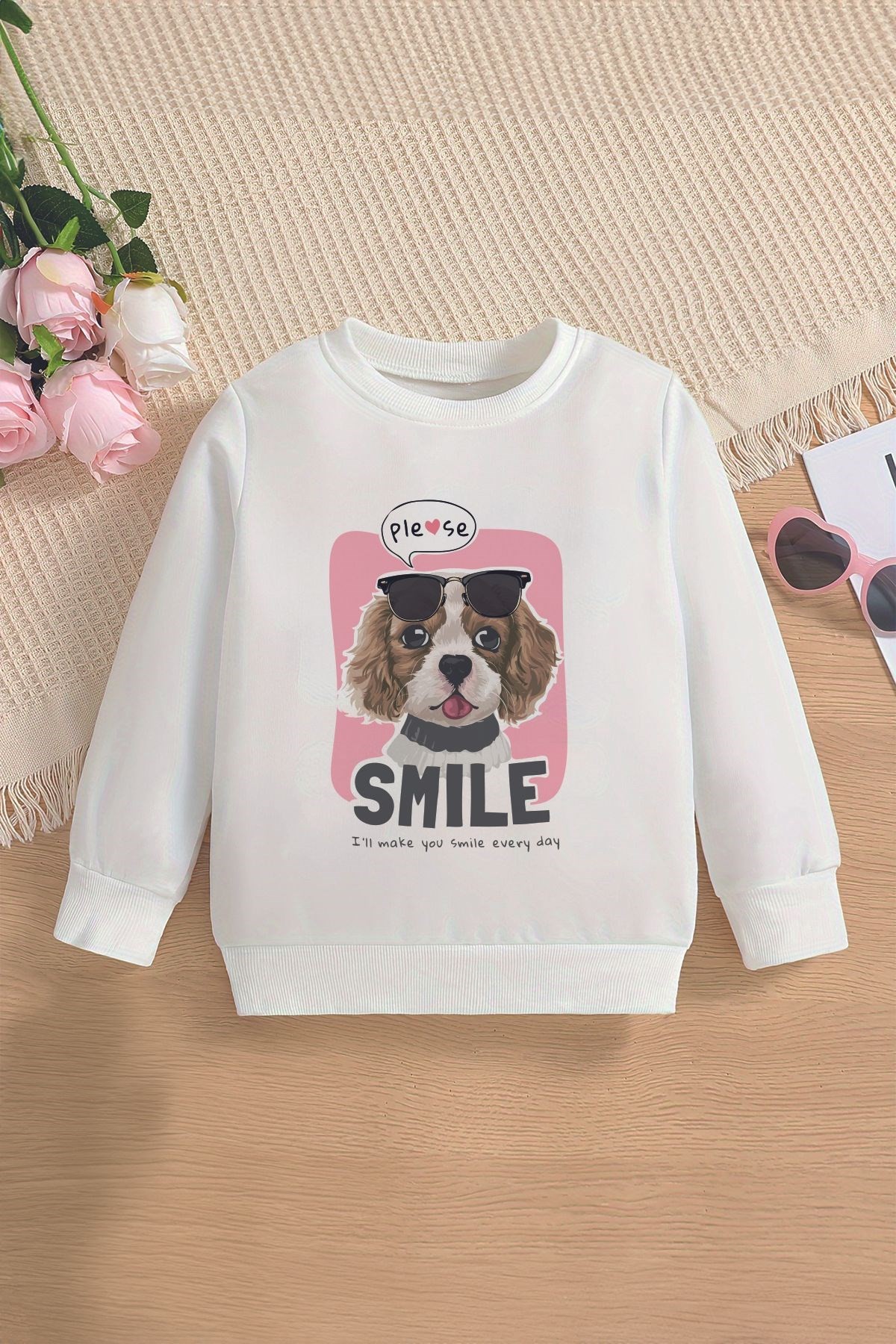 Premium Smile Dog Baskılı Oversize Kız Çocuk Sweatshirt 12701