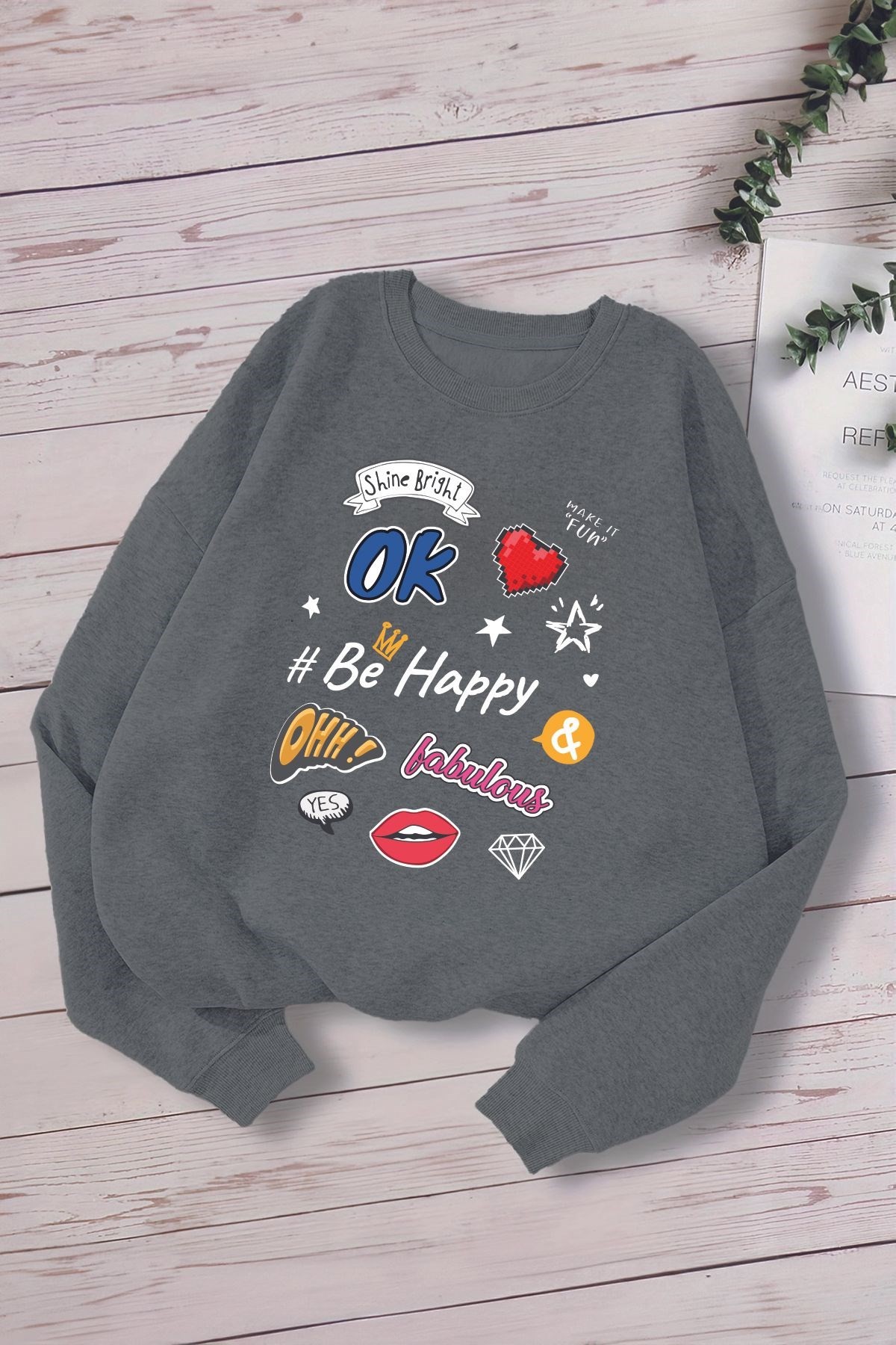 Yeni Sezon Emoji Be Happy Baskılı Oversize Kapüşonlu Çocuk Sweatshirt 14649