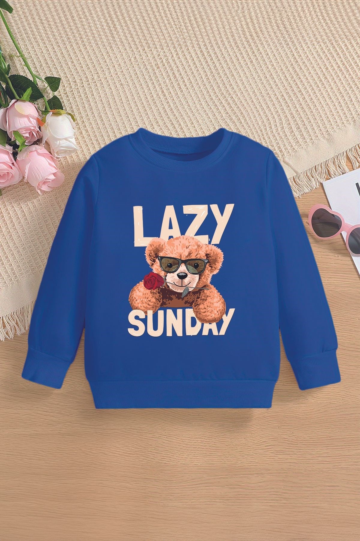 Premium Lazy Sunday Bear Baskılı Oversize Çocuk Sweatshirt 12659