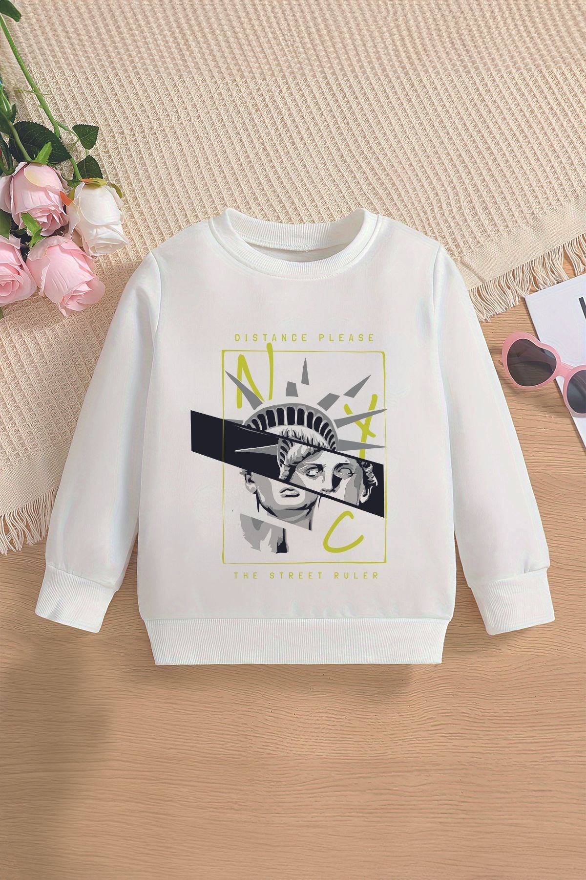 Tarz Nyc Özgürlük Heykeli Baskılı Oversize Kapüşonlu Çocuk Sweatshirt 14561