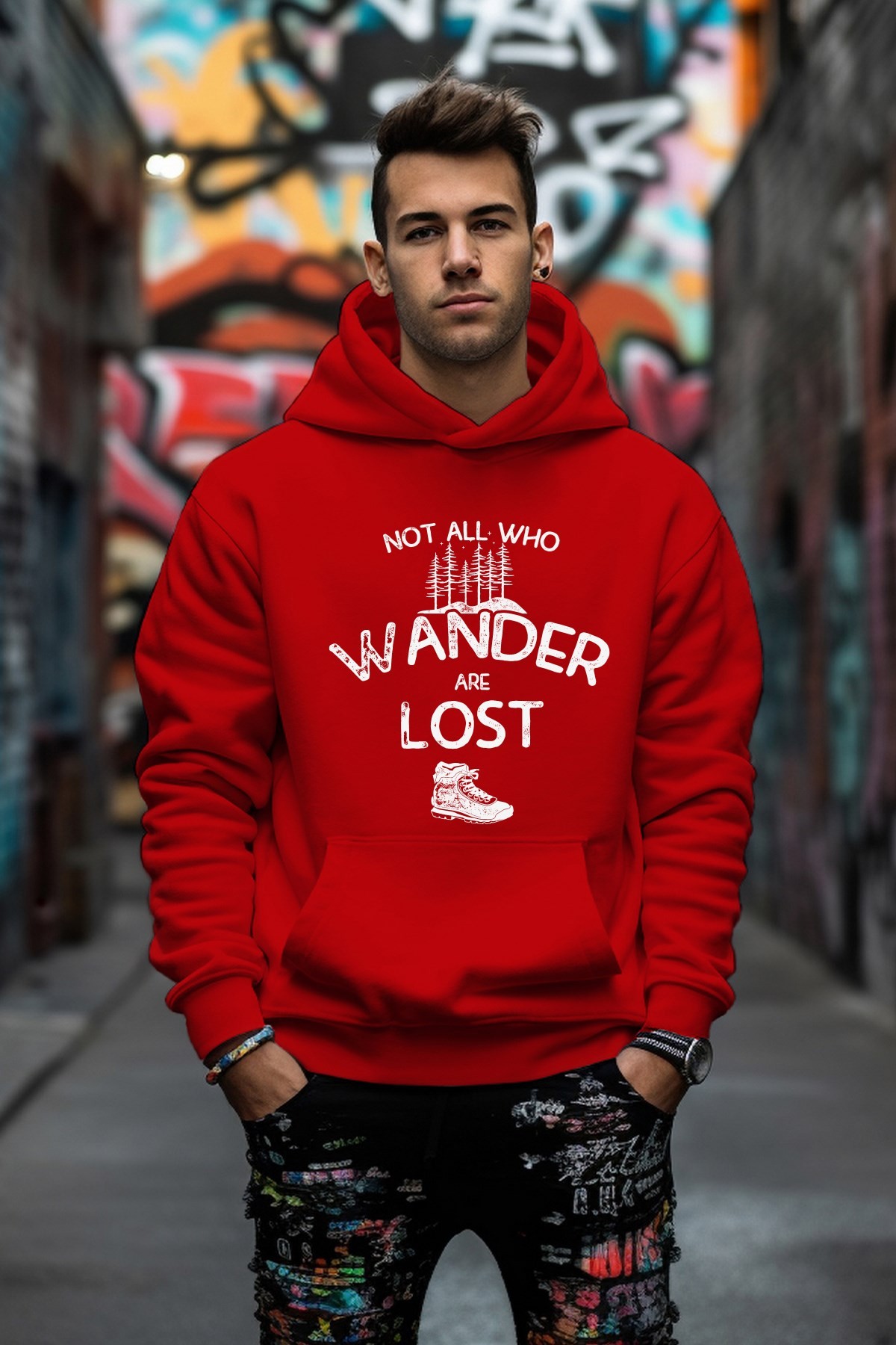 Özel Tasarım Wander Lost Baskılı Rahat Kesim Oversize Sweatshirt