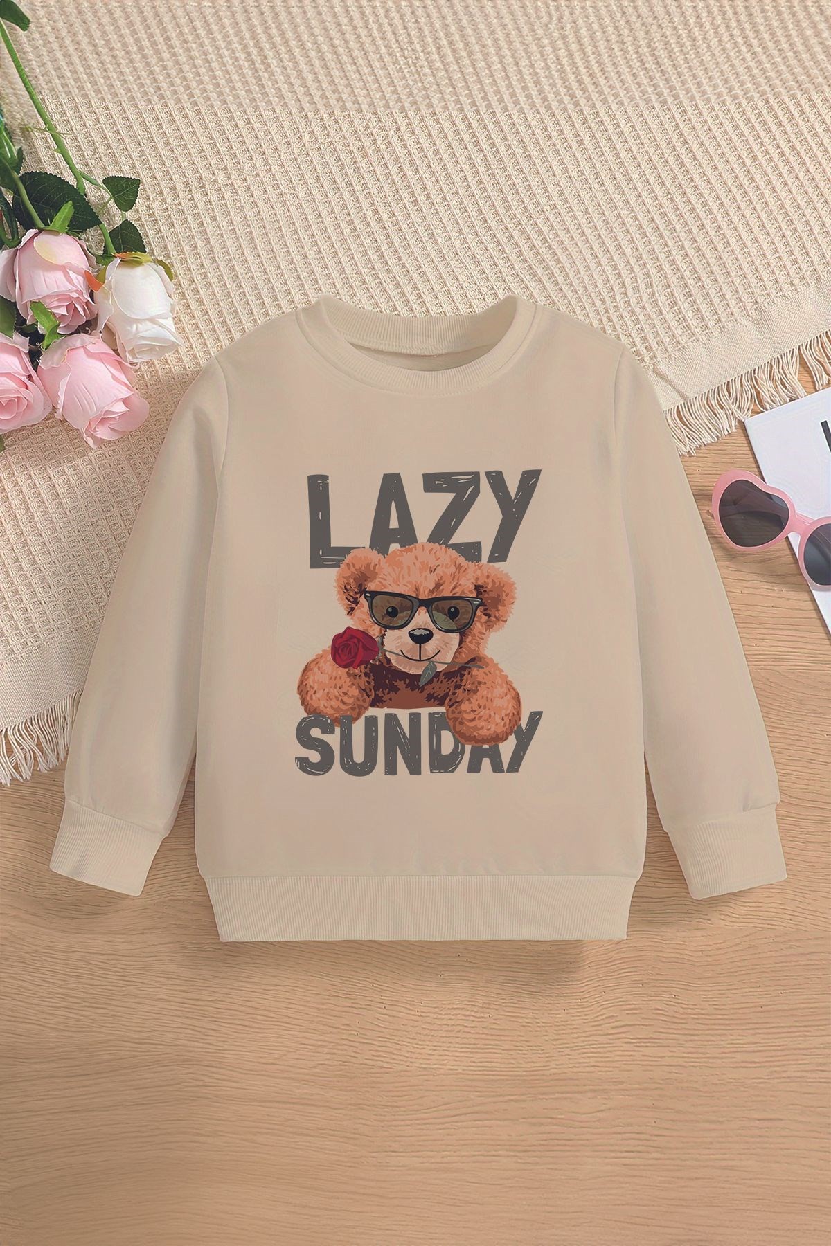 Premium Lazy Sunday Bear Baskılı Oversize Çocuk Sweatshirt 12659