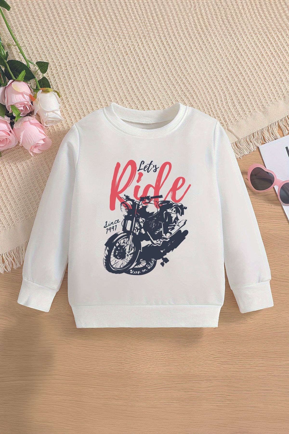 Yeni Sezon Let's Ride Yazılı Motosiklet Baskılı Oversize Kapüşonlu Çocuk Sweatshirt 13605