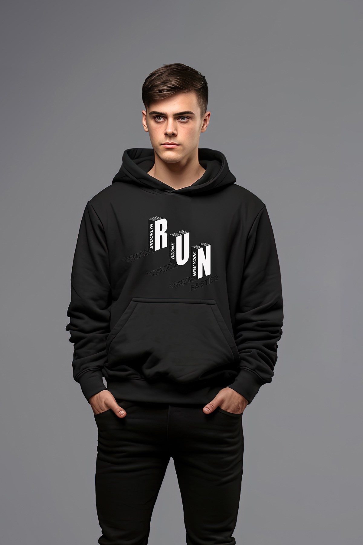 Run Run Run Tarz Kapşonlu Erkek Sweatshirt